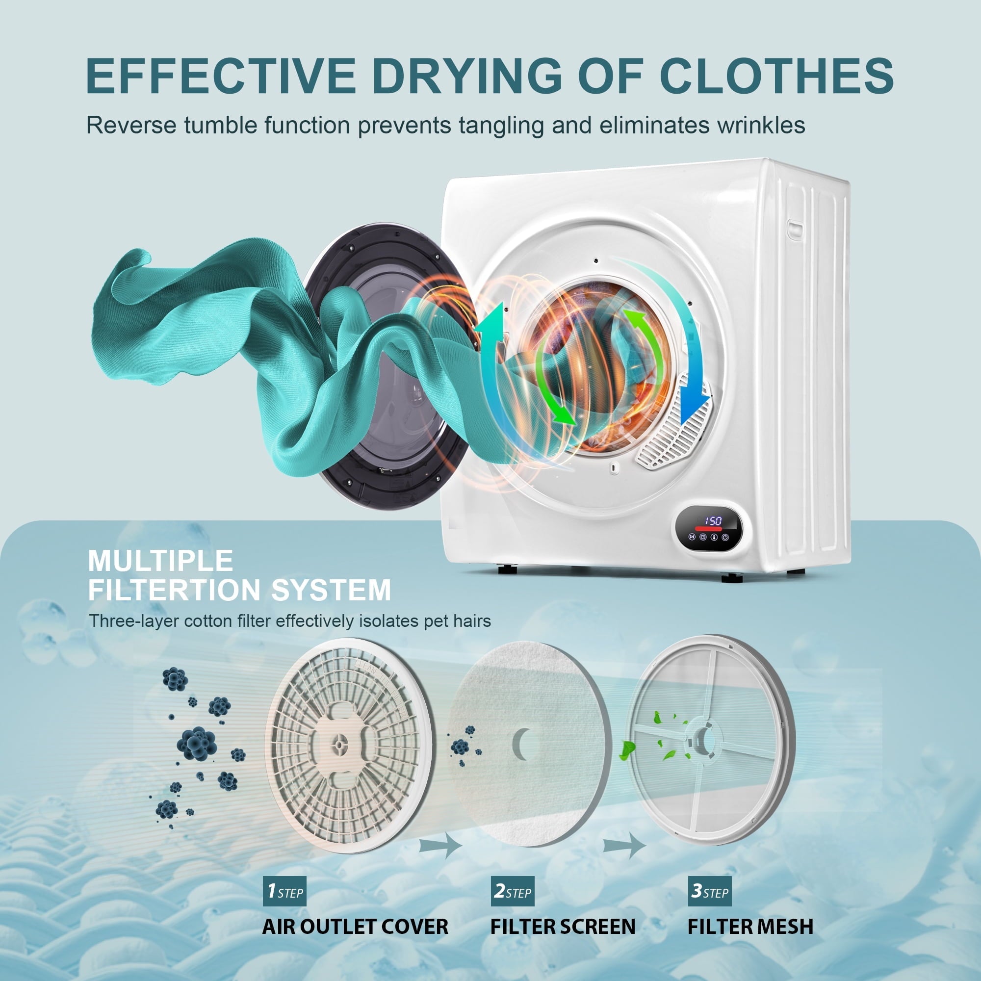Simzlife 3.5 Cu.ft Portable Clothes Dryer, 1500W, LCD Control, Exhaust Duct, 22 in W, 26.5 in H