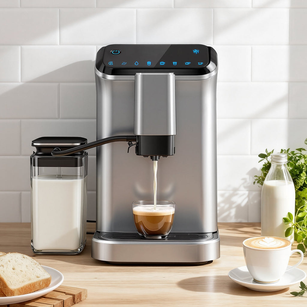 Simzlife 2-Cup Fully Automatic Espresso Machine with Grinder, 15 Grind Settings, 20 Bar Pressure, Milk Frother, Silver