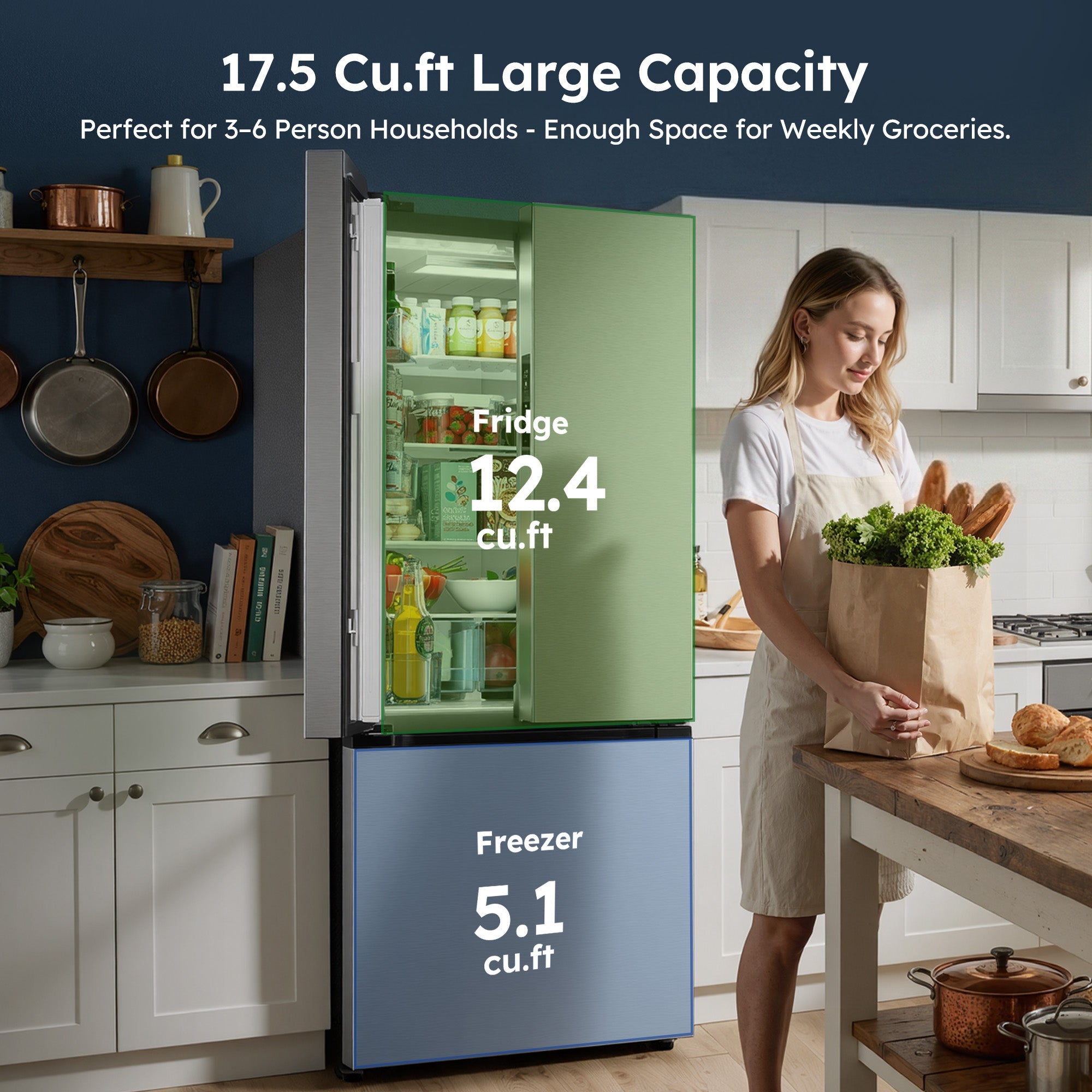 Simzlife 17.5 Cu. ft.  Counter-Depth Refrigerator with Bottom Freezer, French Door Refrigerator with Built-in Ice Maker, Stainless Steel