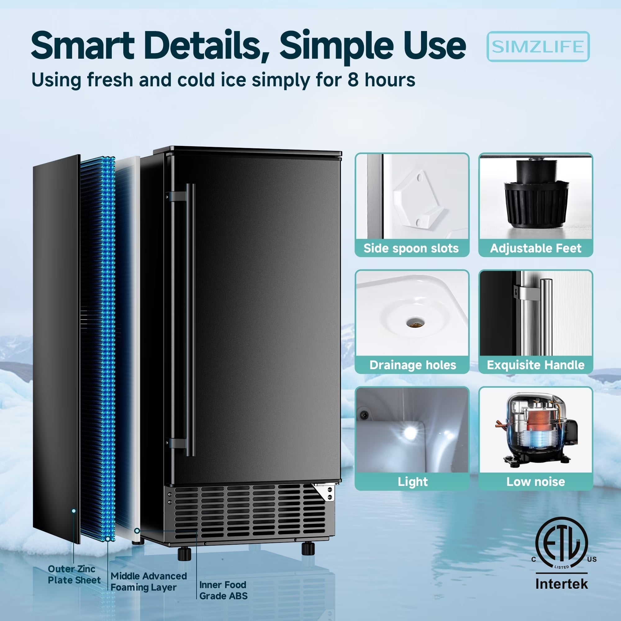 SIMZLIFE Built-in Ice Maker 80Lbs/24H, Under Counter or Freestanding, Self-Cleaning, Kitchen & Bar, Black