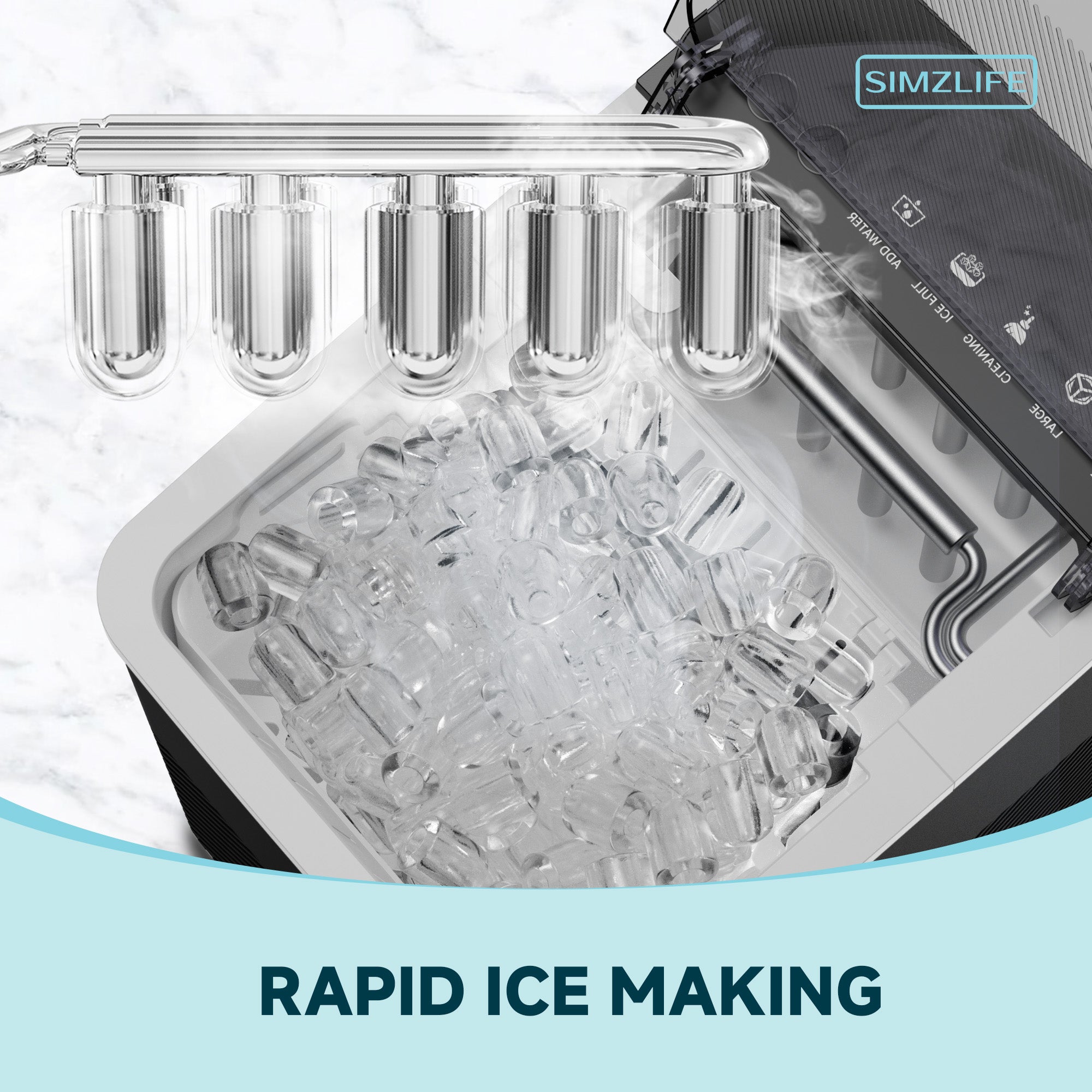 Simzlife Ice Maker Countertop, 9 Cubes Ready in 6 Mins, 26lbs in 24Hrs, Self-Cleaning Ice Machine with Ice Scoop and Basket, 2 Sizes of Bullet Ice for Home Kitchen Office Bar Party