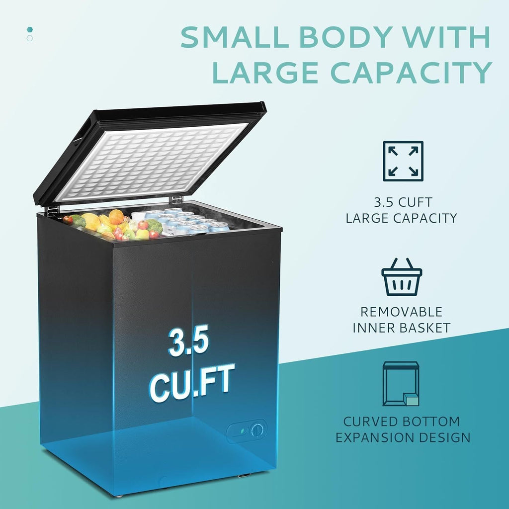 Simzlife 3.5 Cu.Ft Chest Freezer with Removable Basket, Small Deep Freezer Adjustable 7 Thermostat, Quiet Mini Freezer Free-Standing Top Door, Energy Saving for Apartment/Garage/Basement/Dorm/Home,Black