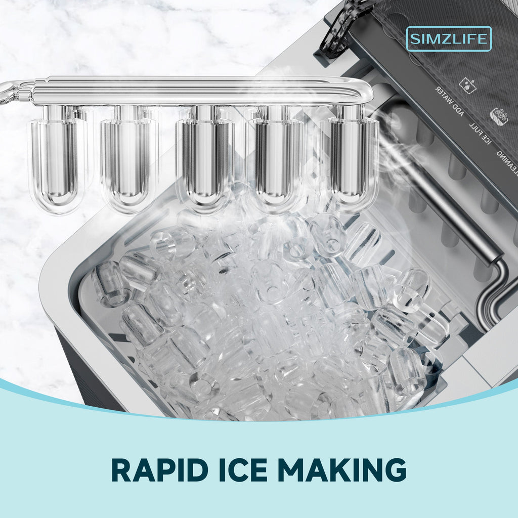 Simzlife Ice Maker Countertop, 9 Cubes Ready in 6 Mins, 26lbs in 24Hrs, Self-Cleaning Ice Machine with Ice Scoop and Basket, 2 Sizes of Bullet Ice for Home Kitchen Office Bar Party, Grey