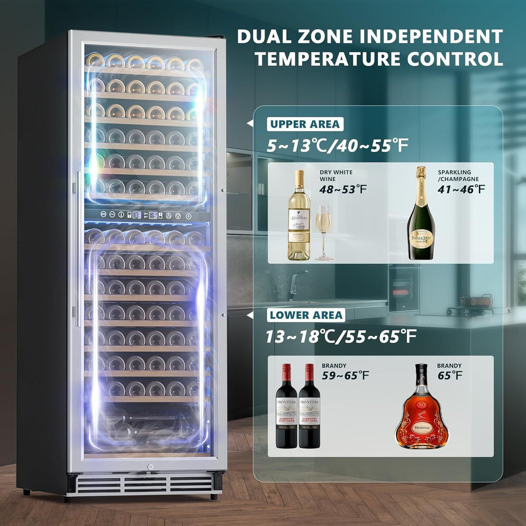 Simzlife 24 Inch Wine Fridge Dual Zone, 154 Bottle Wine Cooler Refrigerator with Glass Door, Powerful Compressor Cooling, Wine Cellar with Temperature Memory, Low Noise, Built-in