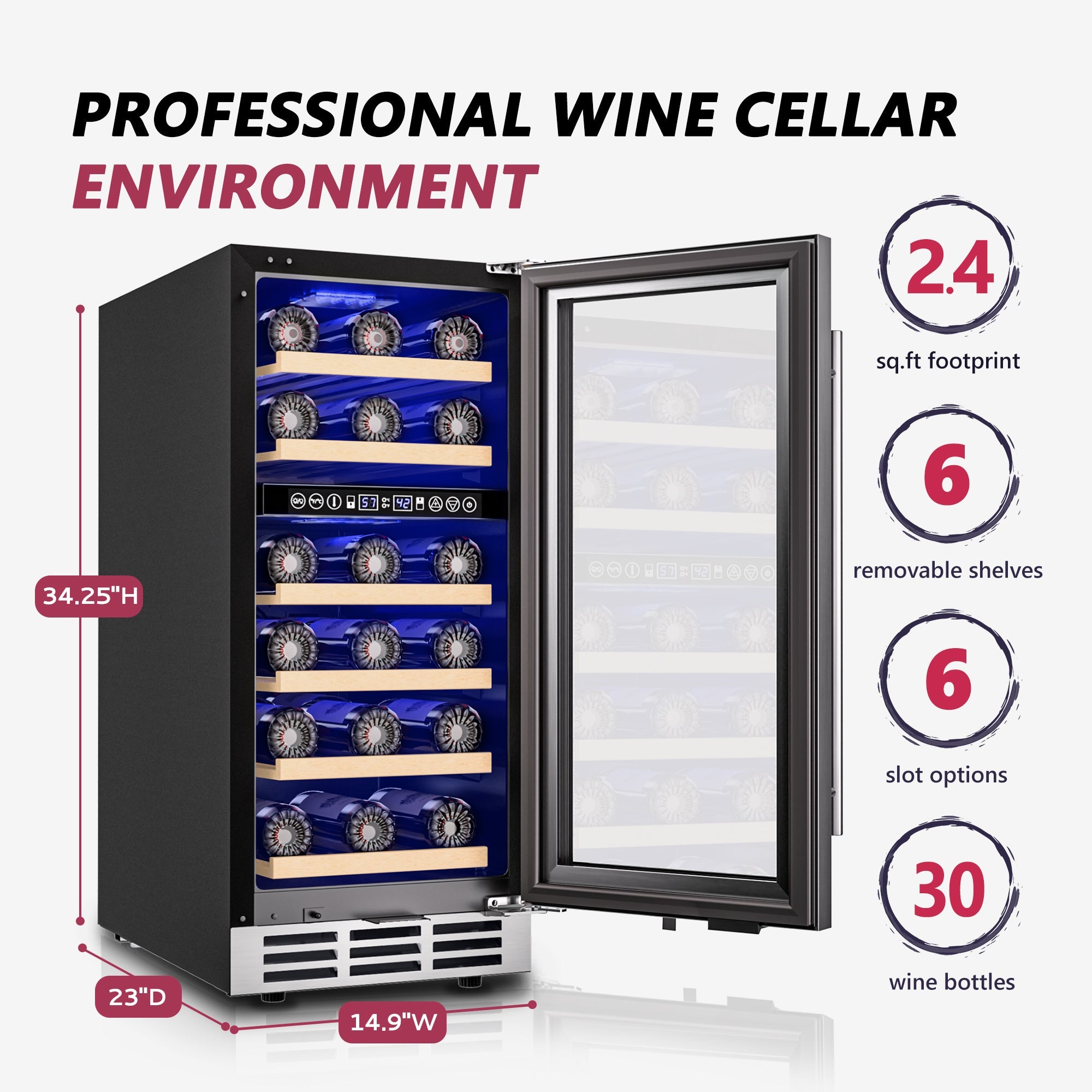 Simzlife 15 Inch Wine Fridge, Dual Zone Wine Chiller with Digital Temperature Control, Wine Cooler Upgraded Compressor Fits Low Noise, Wine Storage with Double-Layer Glass Door, 33 Bottles