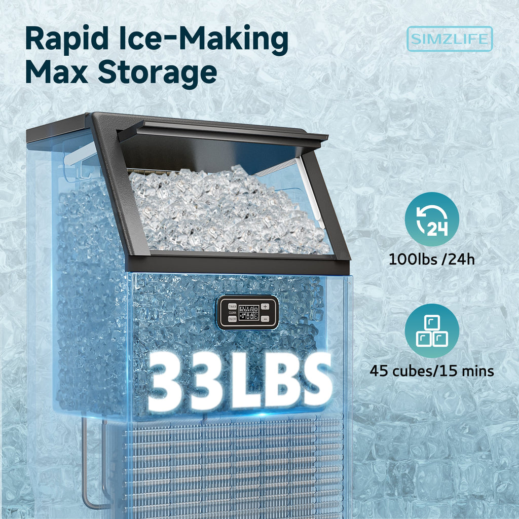 Simzlife 17.3 in. 100 lb. /24H Full Ice Sizes Commercial Ice Maker in Black, 33 lb. Storage Bin, Ice Full Alert and Auto-Cleaning