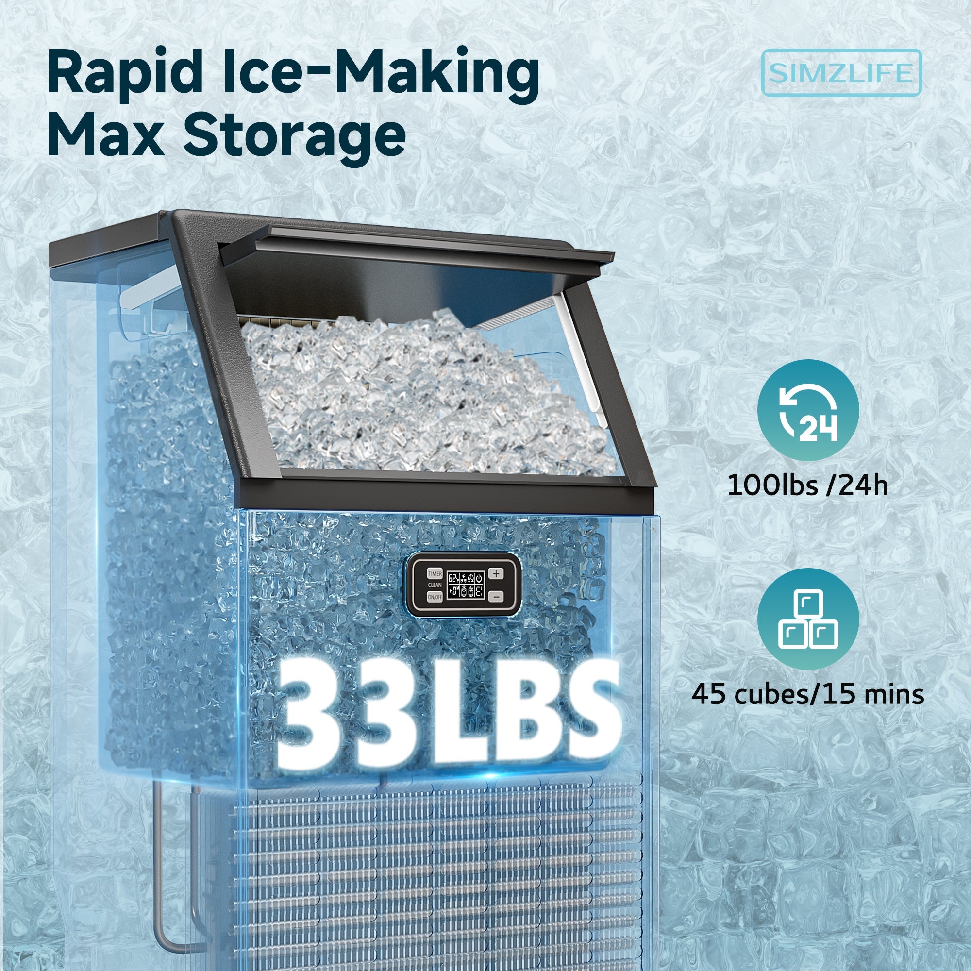 Simzlife 17.3 in. 100 lb. /24H Full Ice Sizes Commercial Ice Maker in Black, 33 lb. Storage Bin, Ice Full Alert and Auto-Cleaning