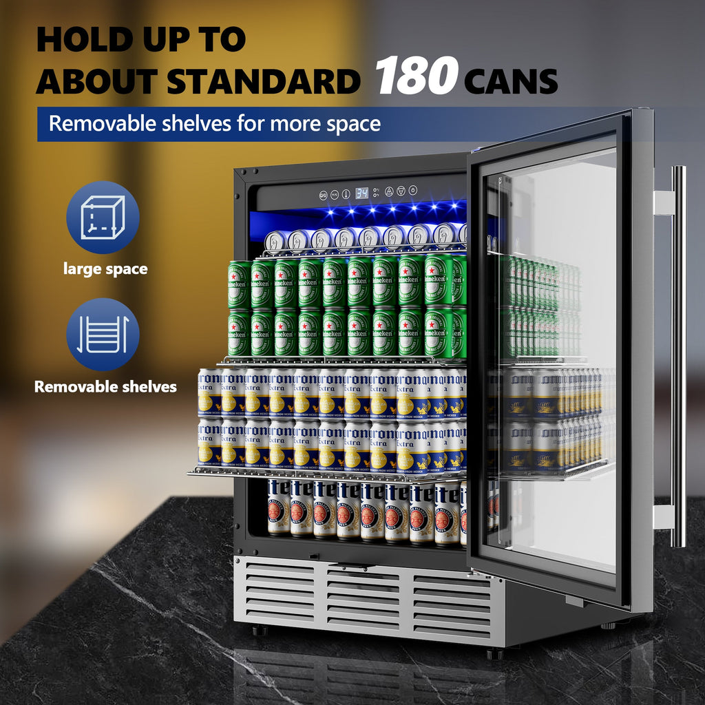 Simzlife 24 Inch Beverage Refrigerator, 180 Can Built-in Beverage Cooler, Under Counter Beer Fridge with Glass Door for Soda, Water, Wine - For Kitchen, Bar or Office