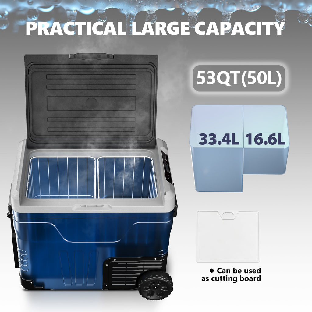 Simzlife 12 Volt Refrigerator, 53QT(50L) Electric Cooler, Portable Freezer 12V/24V DC 110-240V AC, 12V Fridge -4℉~68℉, 12V Cooler with Wheels & 2 Baskets for Travel, Truck, Boat, Camping