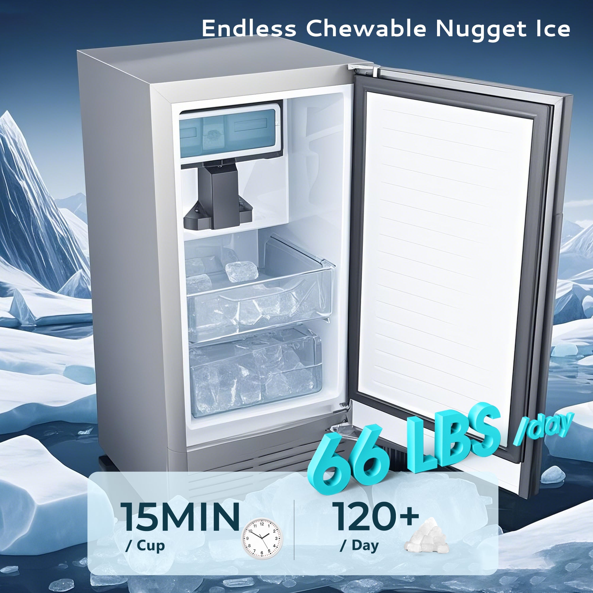 SIMZLIFE Nugget Ice Maker 66Lbs/24H, Built-in/Freestanding, Self-Cleaning, Home Bar, Silver