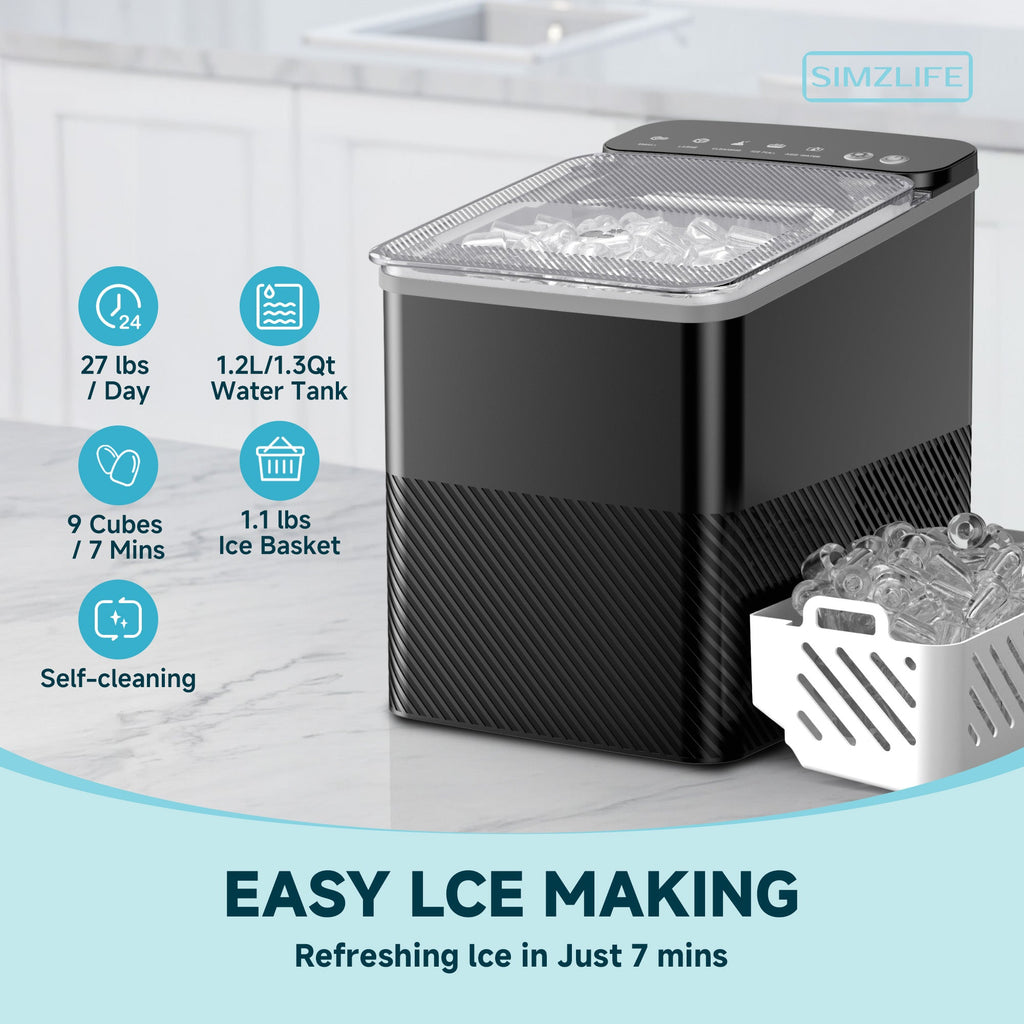 Simzlife Ice Maker Countertop, 9 Cubes Ready in 6 Mins, 26lbs in 24Hrs, Self-Cleaning Ice Machine with Ice Scoop and Basket, 2 Sizes of Bullet Ice for Home Kitchen Office Bar Party