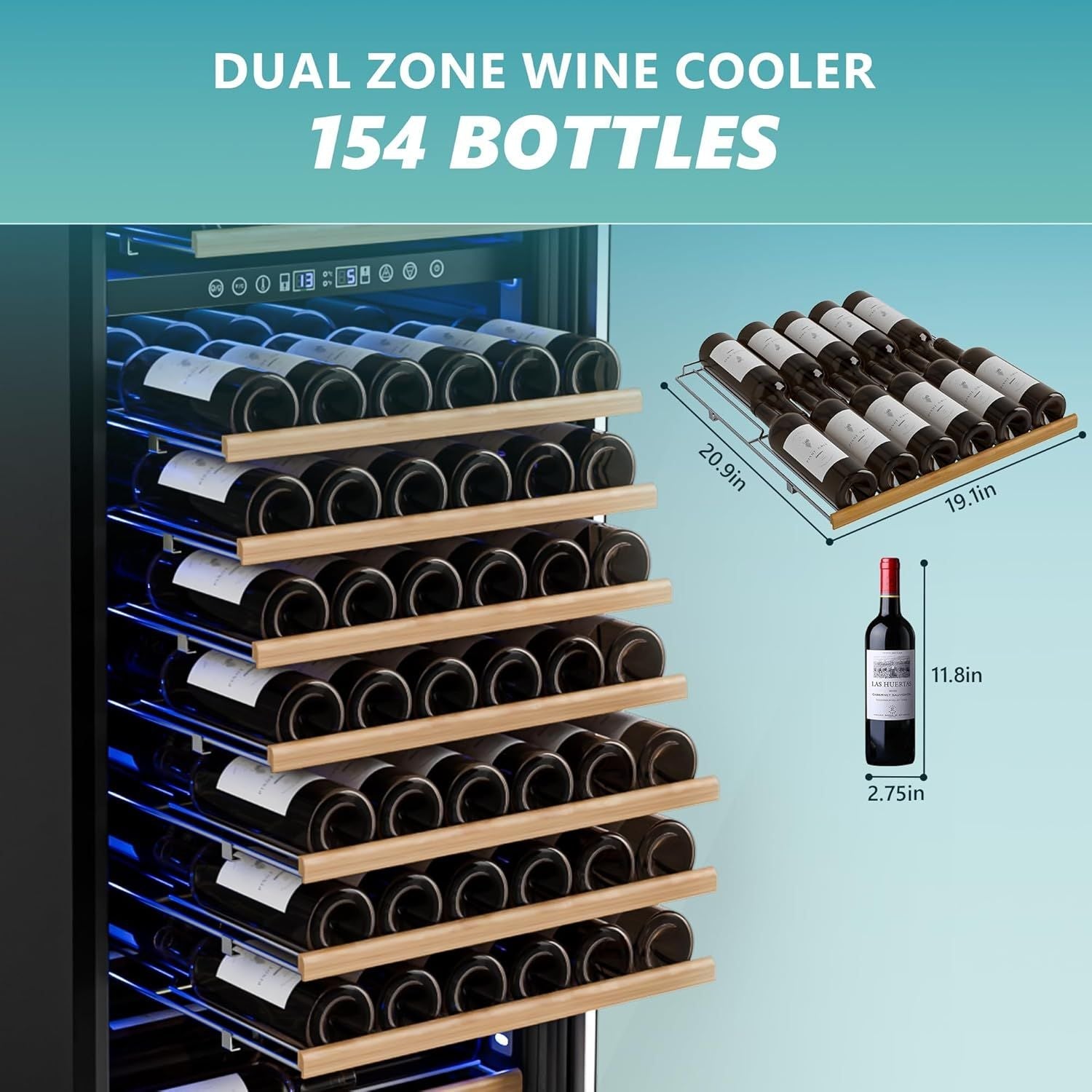 Simzlife 24 Inch Wine Fridge Dual Zone, 154 Bottle Wine Cooler Refrigerator with Glass Door, Powerful Compressor Cooling, Wine Cellar with Temperature Memory, Low Noise, Built-in