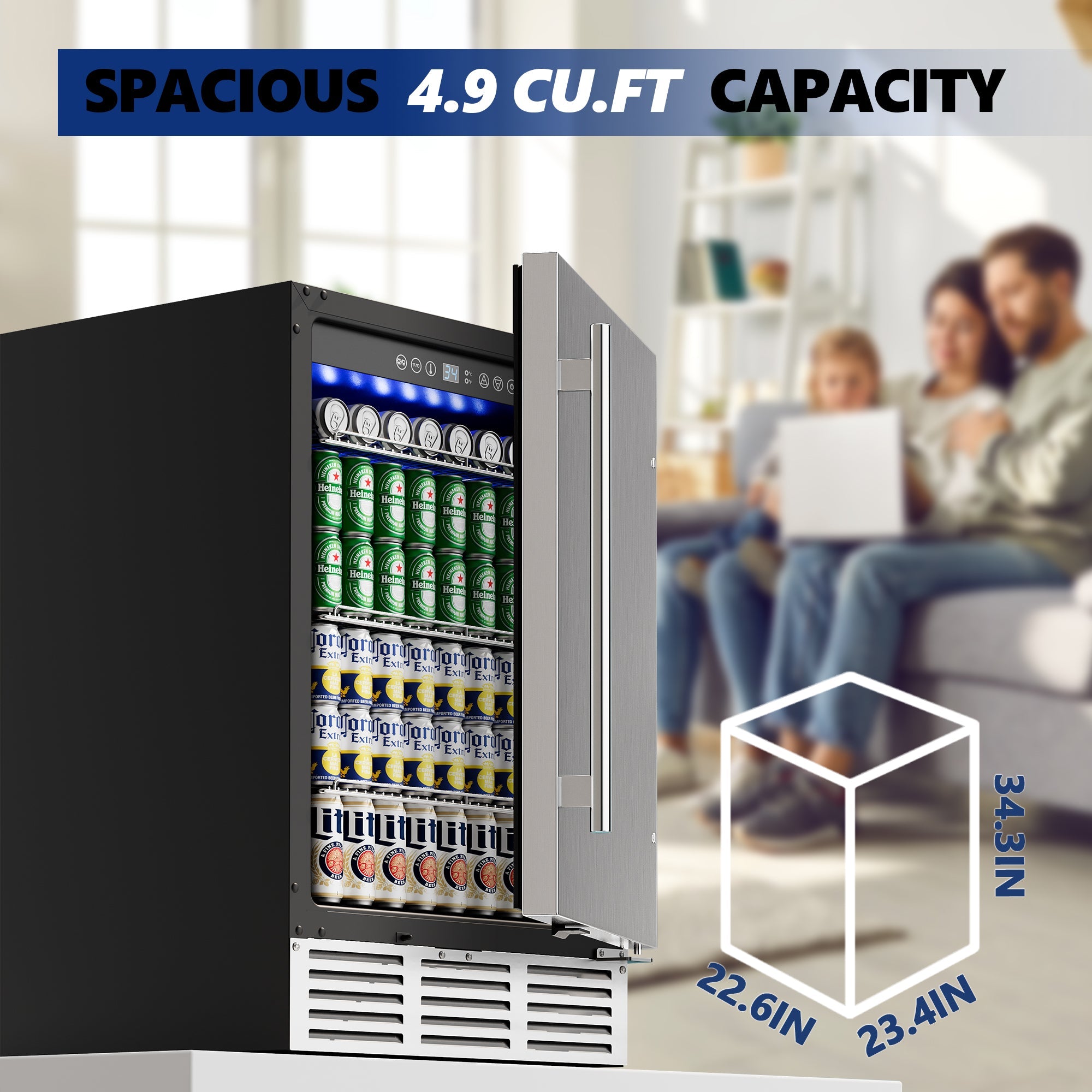 Simzlife 4.9 Cu.ft. Undercounter Freestanding Stainless Steel Door Beverage Refrigerator, 23.4 in W, 34.25 in H