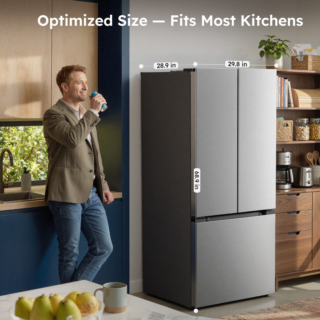 Simzlife 17.5 Cu. ft.  Counter-Depth Refrigerator with Bottom Freezer, French Door Refrigerator with Built-in Ice Maker, Stainless Steel