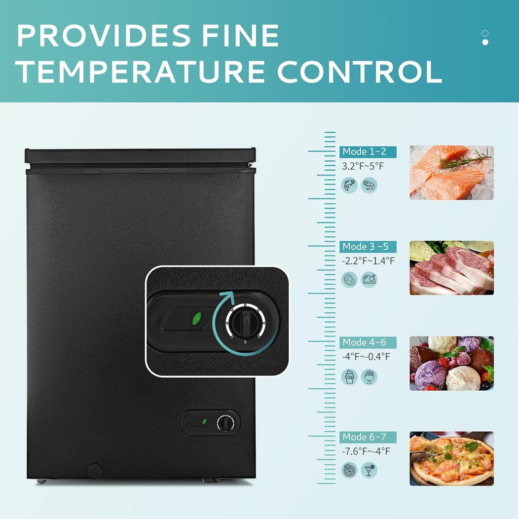 Simzlife 3.5 Cu.Ft Chest Freezer with Removable Basket, Small Deep Freezer Adjustable 7 Thermostat, Quiet Mini Freezer Free-Standing Top Door, Energy Saving for Apartment/Garage/Basement/Dorm/Home,Black