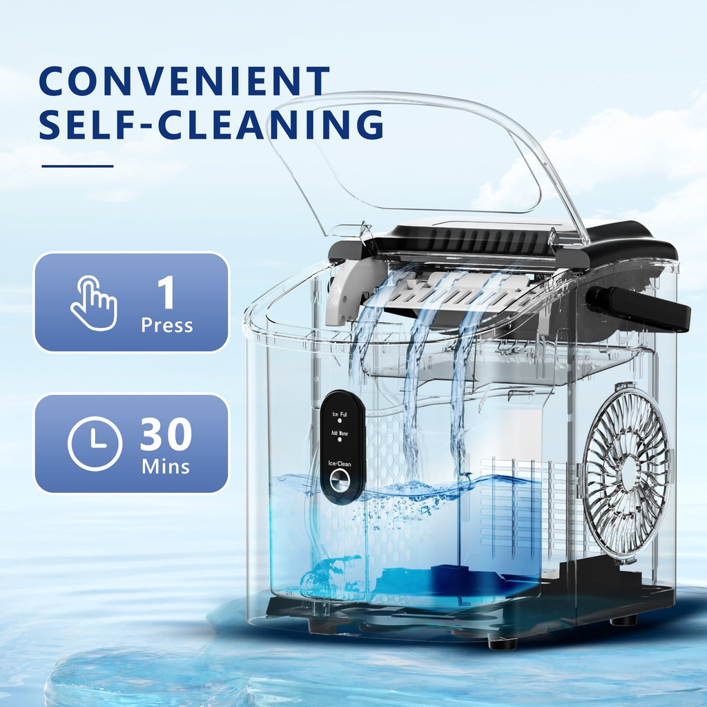 Simzlife Countertop Ice Maker with Handle, 9 bullet ice in 6 Mins, 26Lbs/24H, Self-Cleaning, Portable Ice Maker with Basket and Scoop