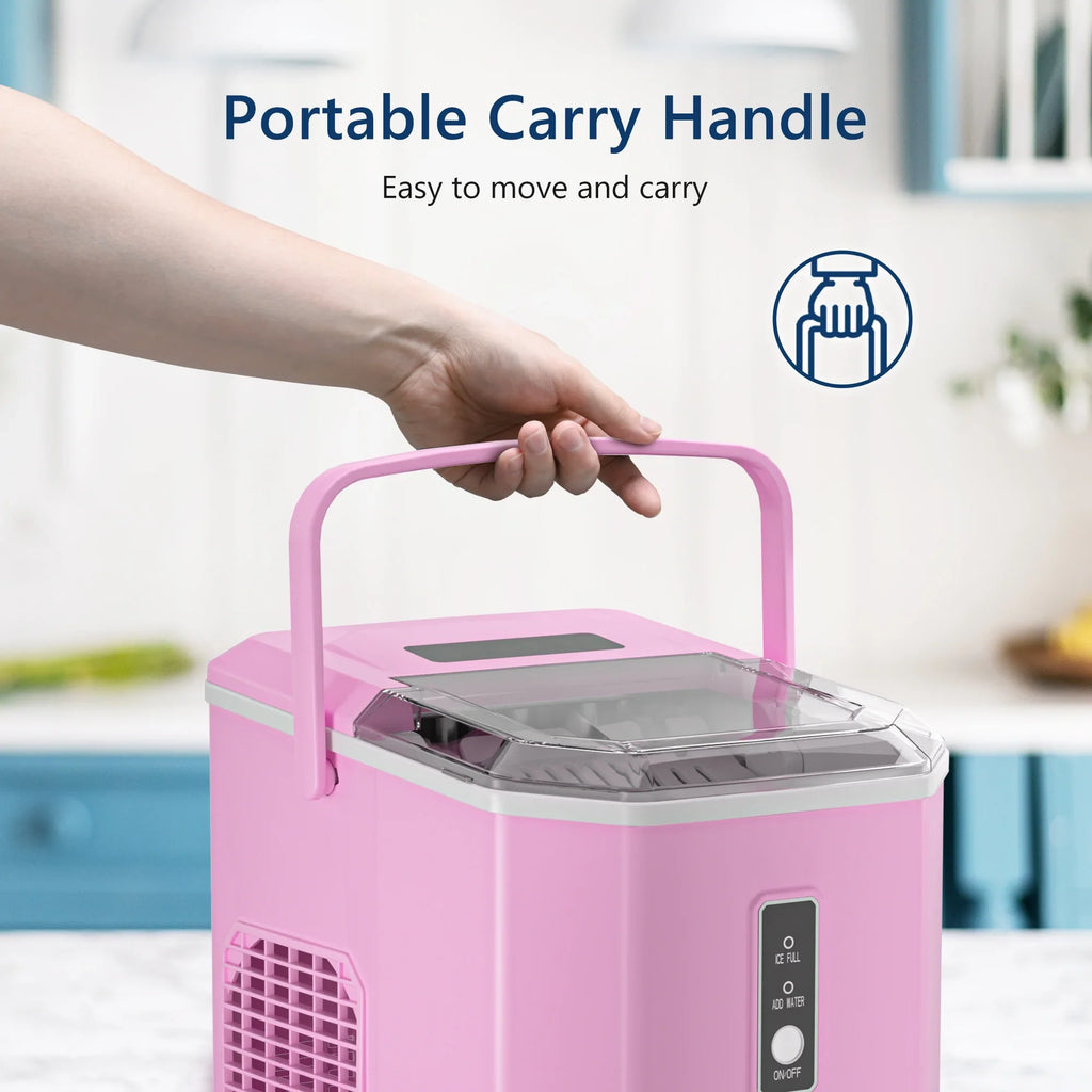 Simzlife Ice Makers Countertop, 9 Cubes in 6 Mins, 26lbs/Day, Portable Ice Maker with Carry Handle, Self-Cleaning Ice Maker with Ice Scoop & Basket for Home/Kitchen/Office/RV.(Pink)