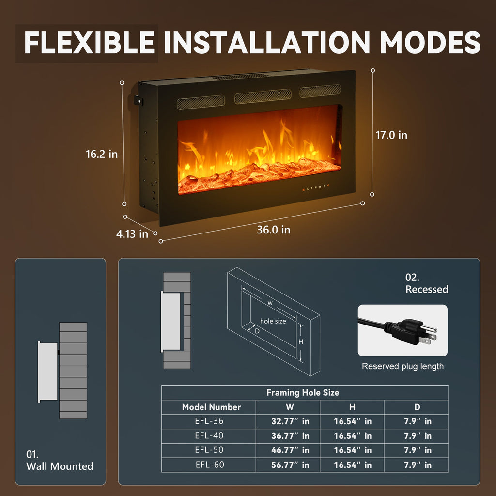 Simzlife 36 Inch Electric Fireplace Wall Recessed and Wall Mounted with Adjustable Flame Color, Fireplace Heater with Remote Control, Linear Fireplace with Timer, Touch Screen, Log & Crystal, 750/1500W