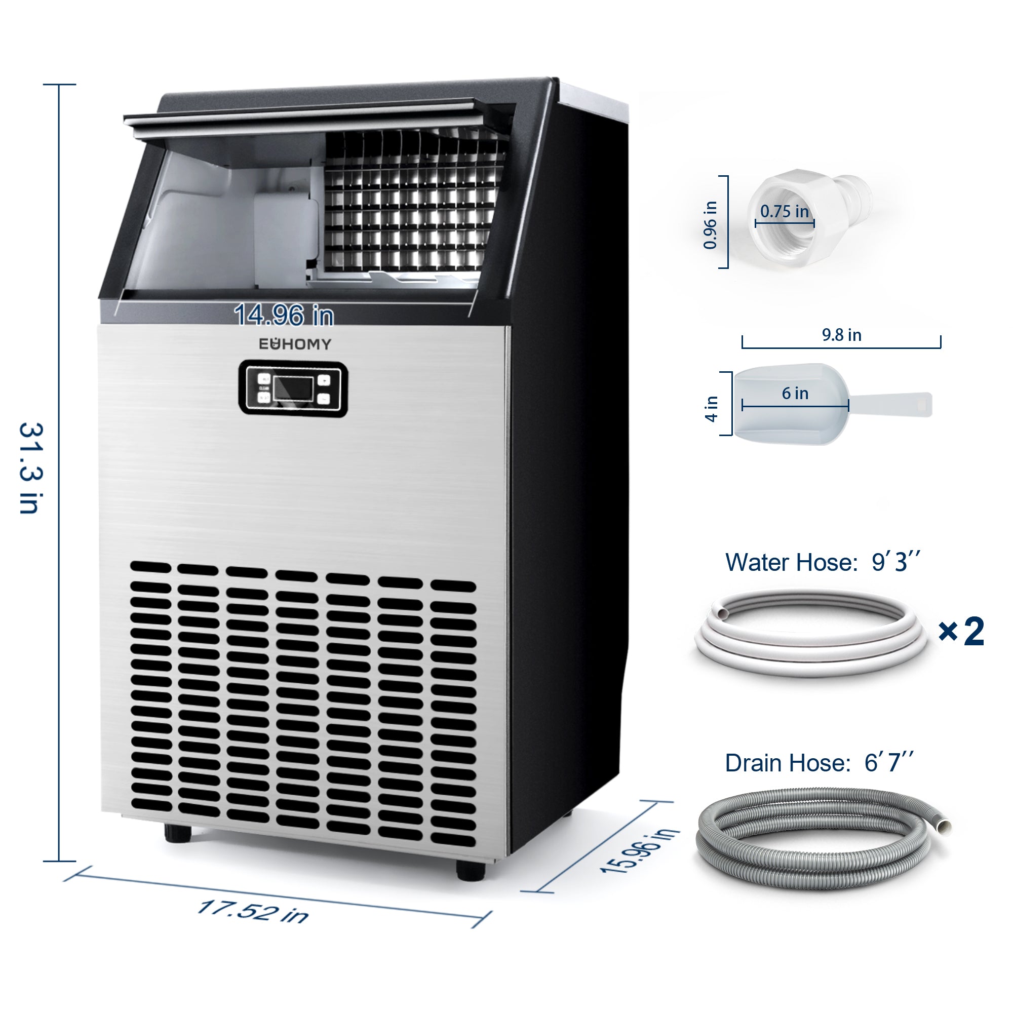 Simzlife Commercial Ice Maker Machine, 150lbs/24H Stainless Steel Under Counter ice Machine with 33lbs Ice Storage Capacity, Freestanding Ice Maker