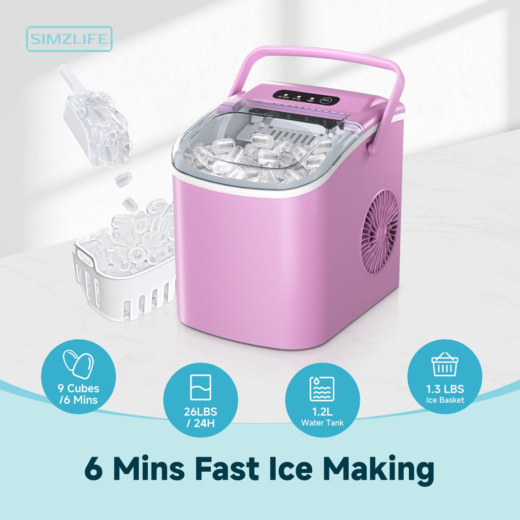 Simzlife Countertop Ice Maker Machine with Handle, 26lbs Per Day, 9 Ice Cubes Ready in 6 Mins, Auto-Cleaning Portable Ice Maker with Basket and Scoop, for Home/Kitchen/Camping/RV