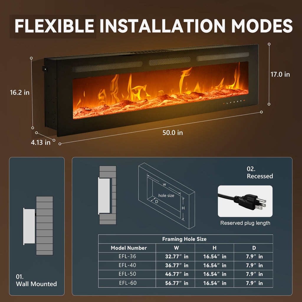 Simzlife 50 inch Electric Fireplace Recessed Wall Mounted Freestanding with Remote Control, Ultra-thin Fireplace Heater with Adjustable Flame Color, Linear Fireplace with Timer, Log & Crystal, 750/1500W