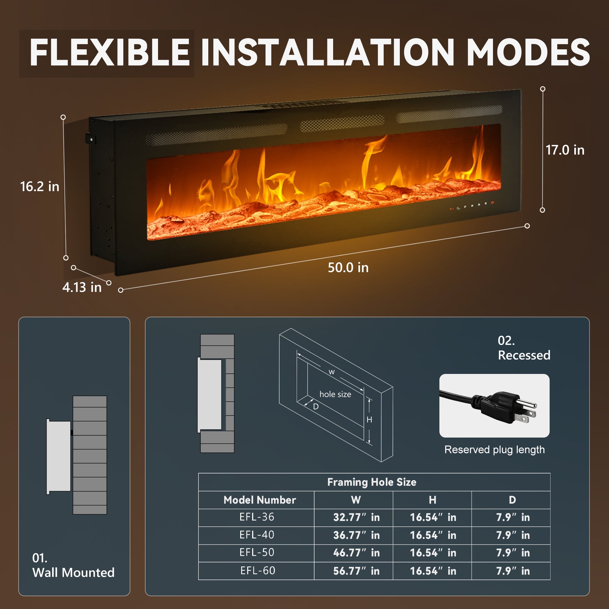 Simzlife 50 inch Electric Fireplace Recessed Wall Mounted Freestanding with Remote Control, Ultra-thin Fireplace Heater with Adjustable Flame Color, Linear Fireplace with Timer, Log & Crystal, 750/1500W