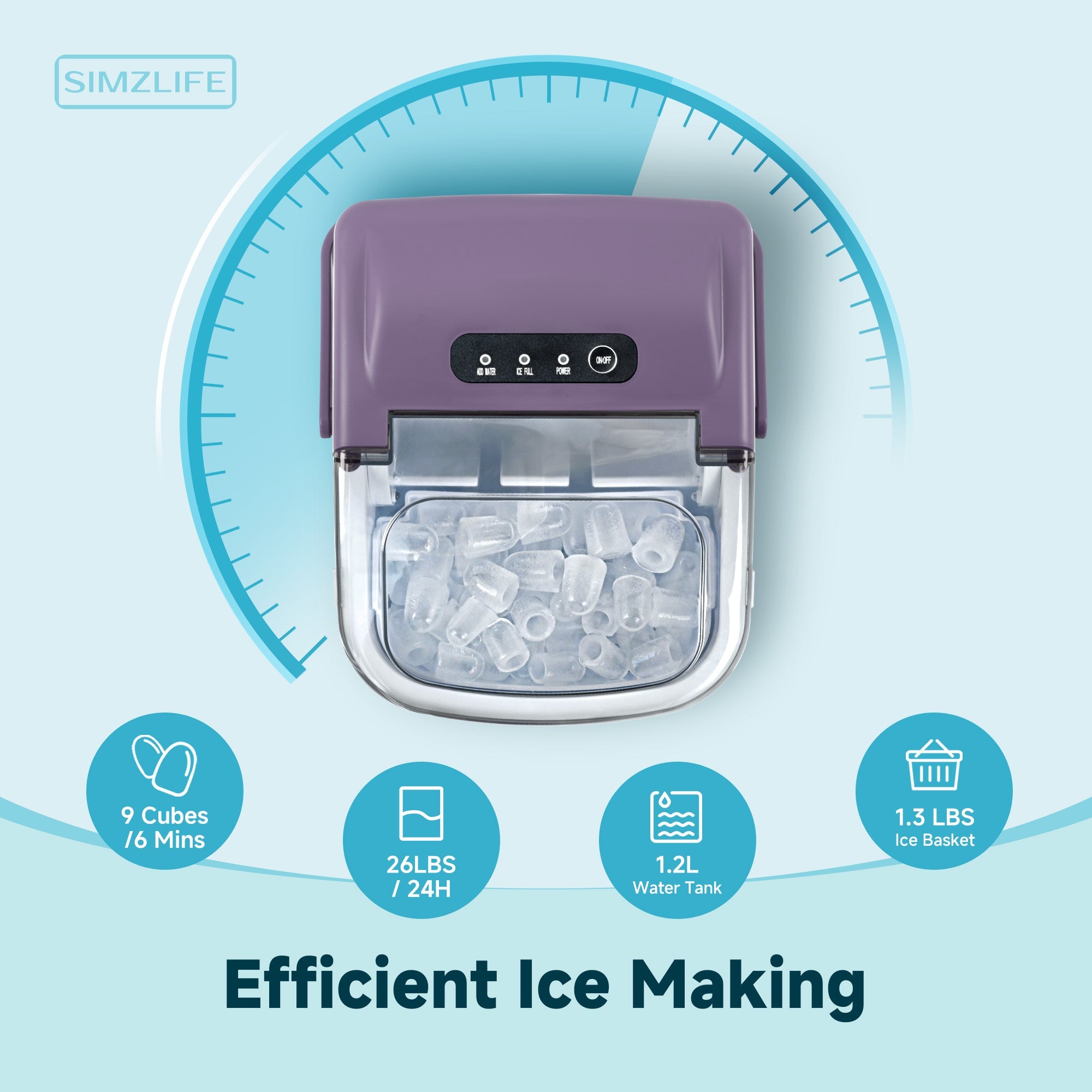 Simzlife Countertop Ice Maker Machine with Handle, 26lbs Per Day, 9 Ice Cubes Ready in 6 Mins, Auto-Cleaning Portable Ice Maker with Basket and Scoop, for Home/Kitchen/Camping/RV