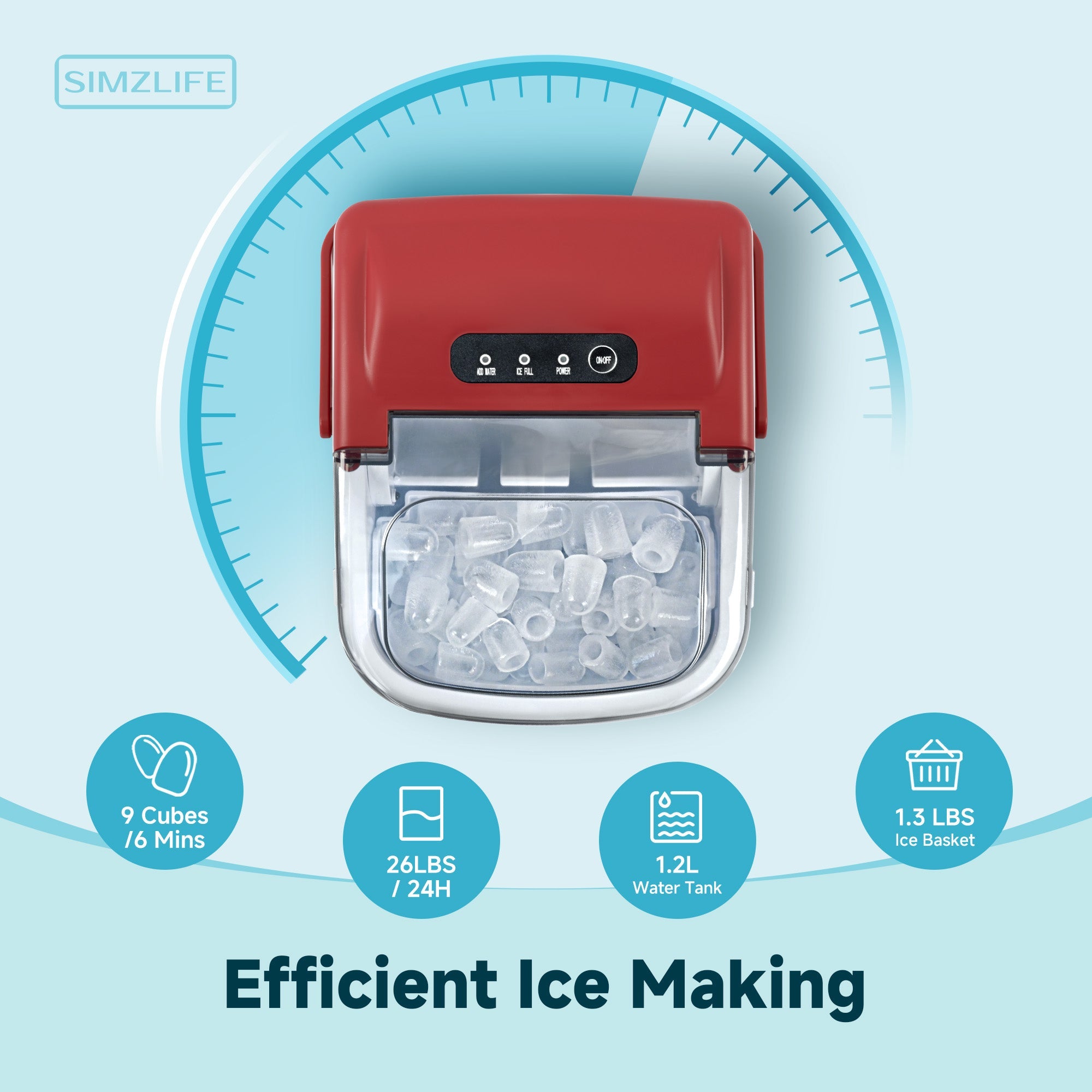 Simzlife Countertop Ice Maker Machine with Handle, 26lbs Per Day, 9 Ice Cubes Ready in 6 Mins, Auto-Cleaning Portable Ice Maker with Basket and Scoop, for Home/Kitchen/Camping/RV