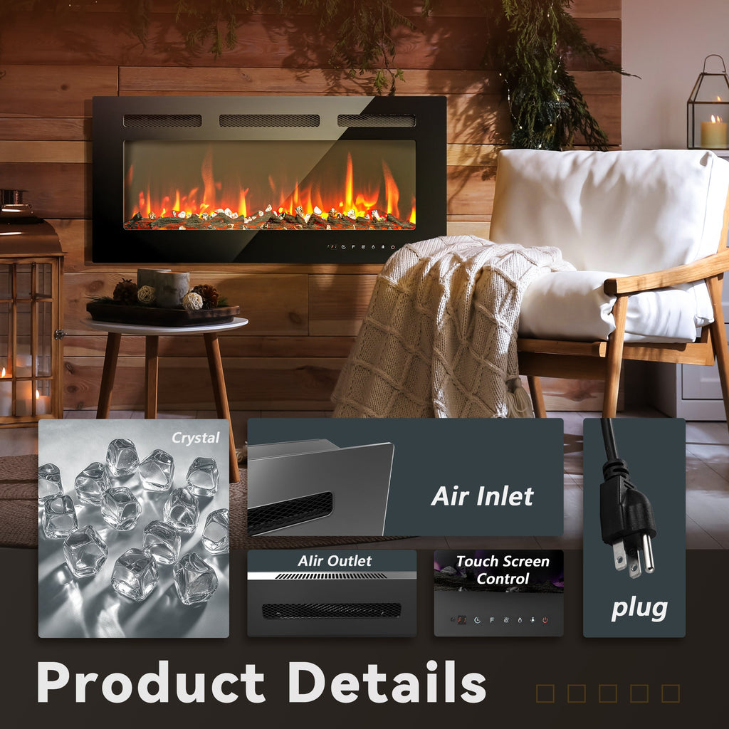 Simzlife 36 Inch Electric Fireplace Wall Recessed and Wall Mounted with Adjustable Flame Color, Fireplace Heater with Remote Control, Linear Fireplace with Timer, Touch Screen, Log & Crystal, 750/1500W