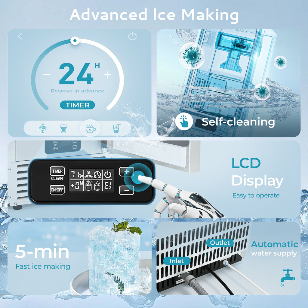 SIMZLIFE Nugget Ice Maker 66Lbs/24H, Built-in/Freestanding, Self-Cleaning, Home Bar, Silver