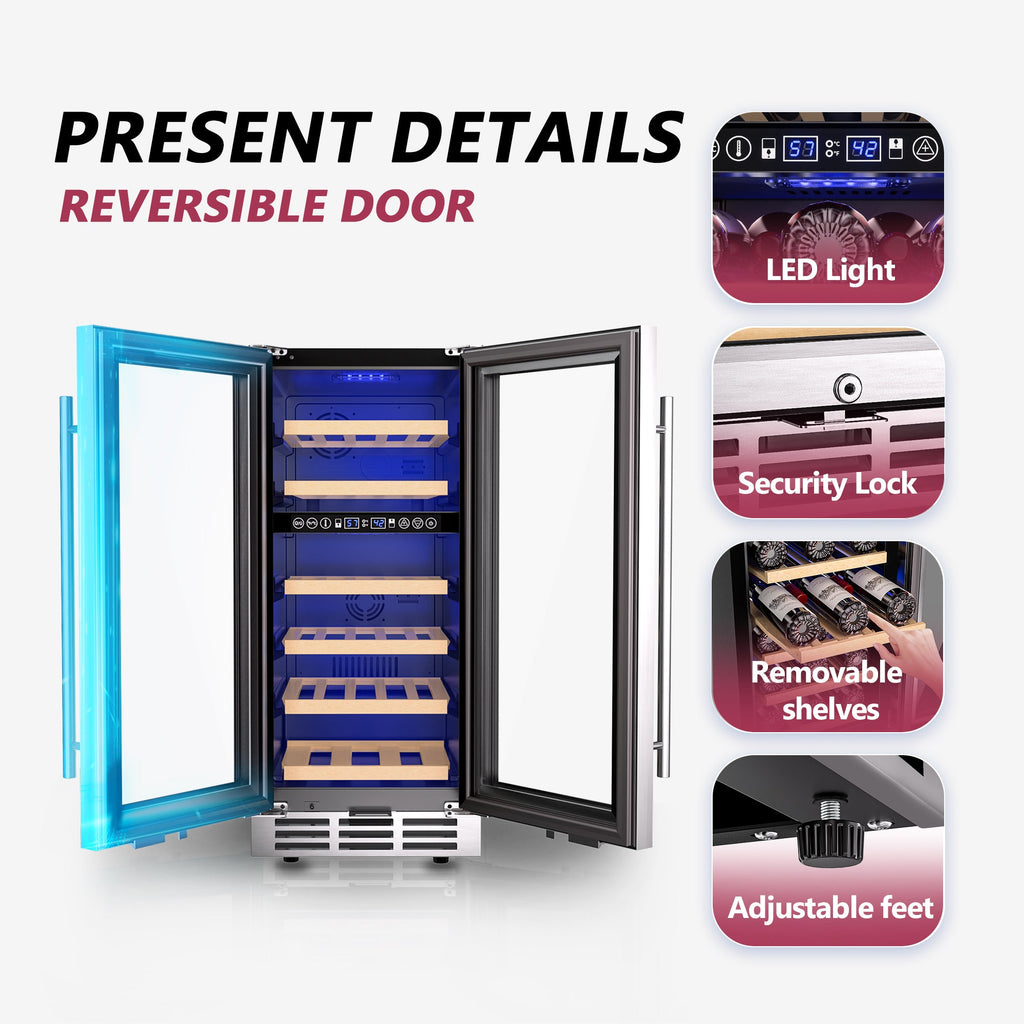 Simzlife 15 Inch Wine Fridge, Dual Zone Wine Chiller with Digital Temperature Control, Wine Cooler Upgraded Compressor Fits Low Noise, Wine Storage with Double-Layer Glass Door, 33 Bottles