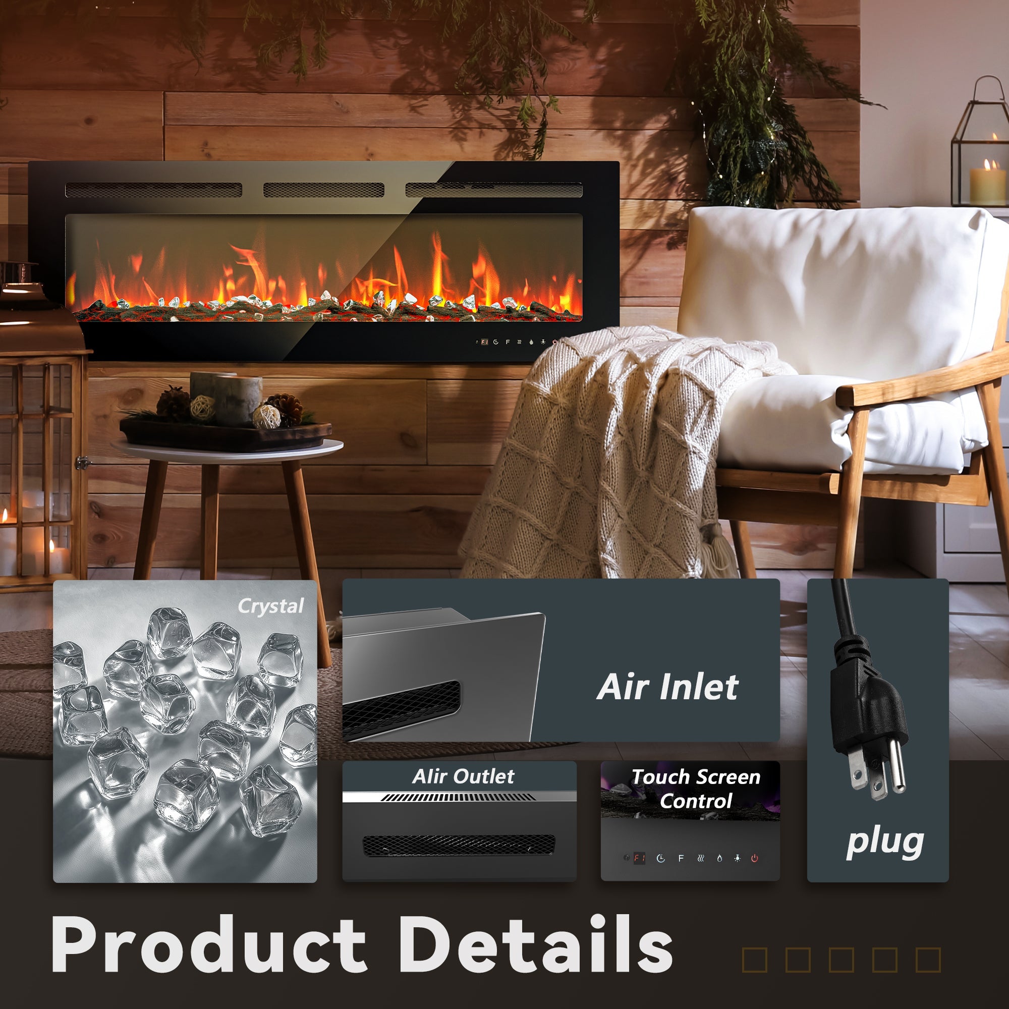 Simzlife 50 inch Electric Fireplace Recessed Wall Mounted Freestanding with Remote Control, Ultra-thin Fireplace Heater with Adjustable Flame Color, Linear Fireplace with Timer, Log & Crystal, 750/1500W