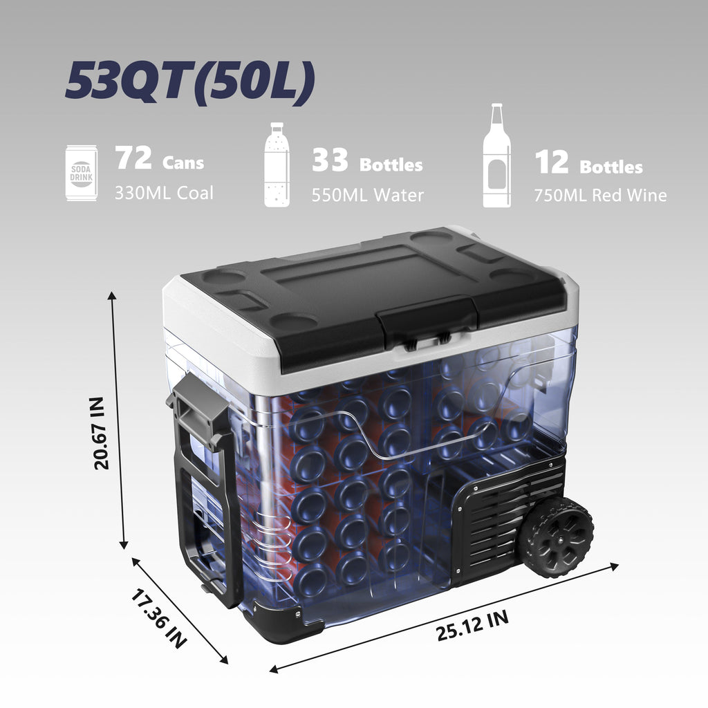 Simzlife 12 Volt Refrigerator, 53QT(50L) Electric Cooler, Portable Freezer 12V/24V DC 110-240V AC, 12V Fridge -4℉~68℉, 12V Cooler with Wheels & 2 Baskets for Travel, Truck, Boat, Camping