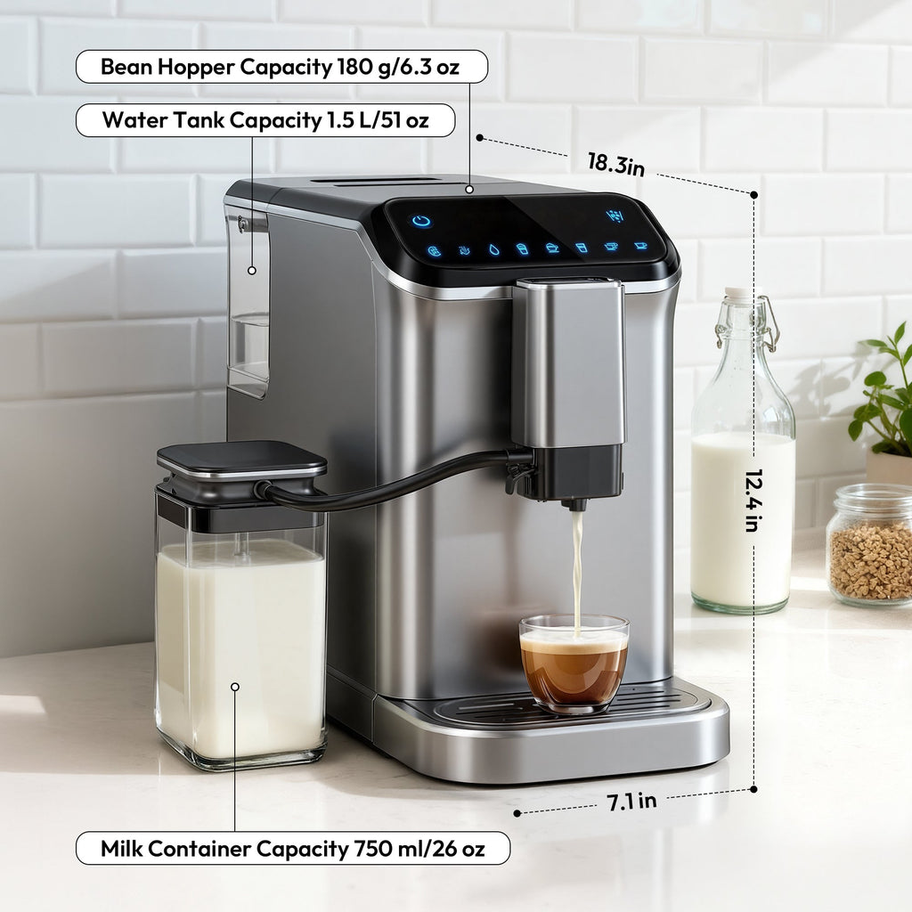 Simzlife 2-Cup Fully Automatic Espresso Machine with Grinder, 15 Grind Settings, 20 Bar Pressure, Milk Frother, Silver