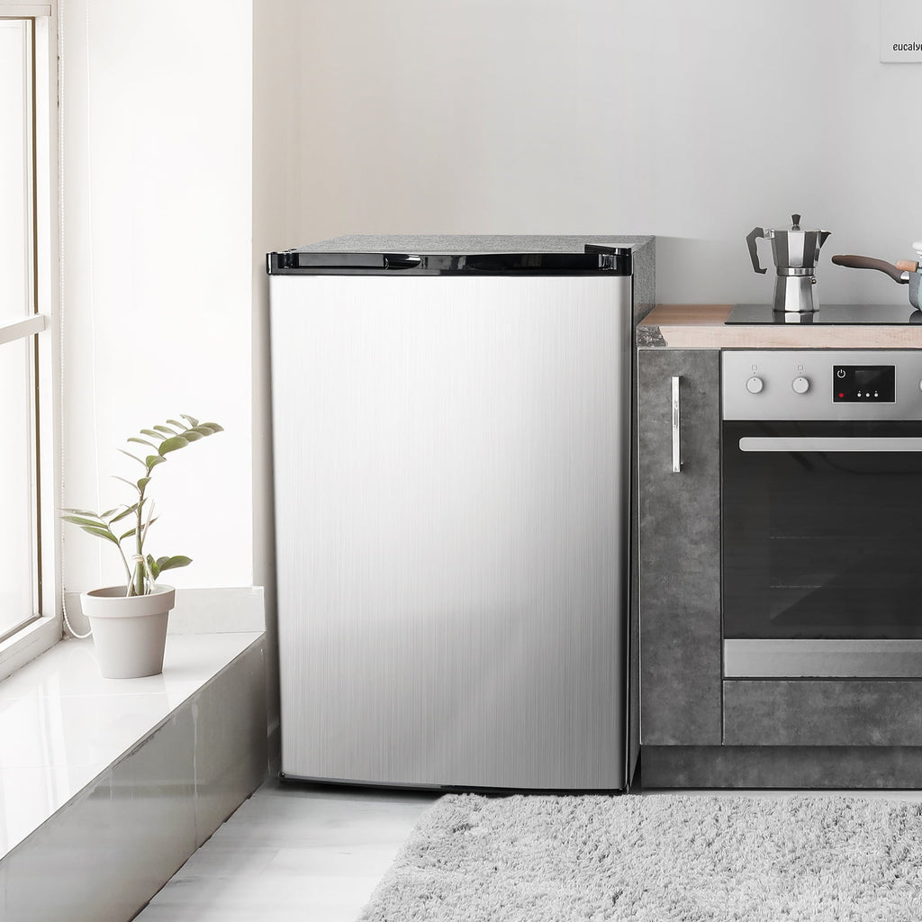 Simzlife 3.0 Cu.ft Upright freezer, Single Door Compact Design, Reversible Stainless Steel Door, Suitable for Home,Dorm,Apartment and Office,Silver