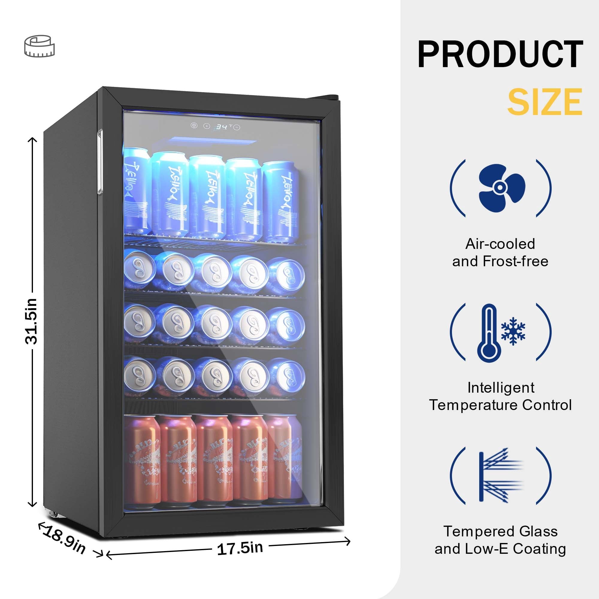 Simzlife 130 Can Beverage Refrigerator with Glass Door for Home, 17.3 in D, 31.3 in H