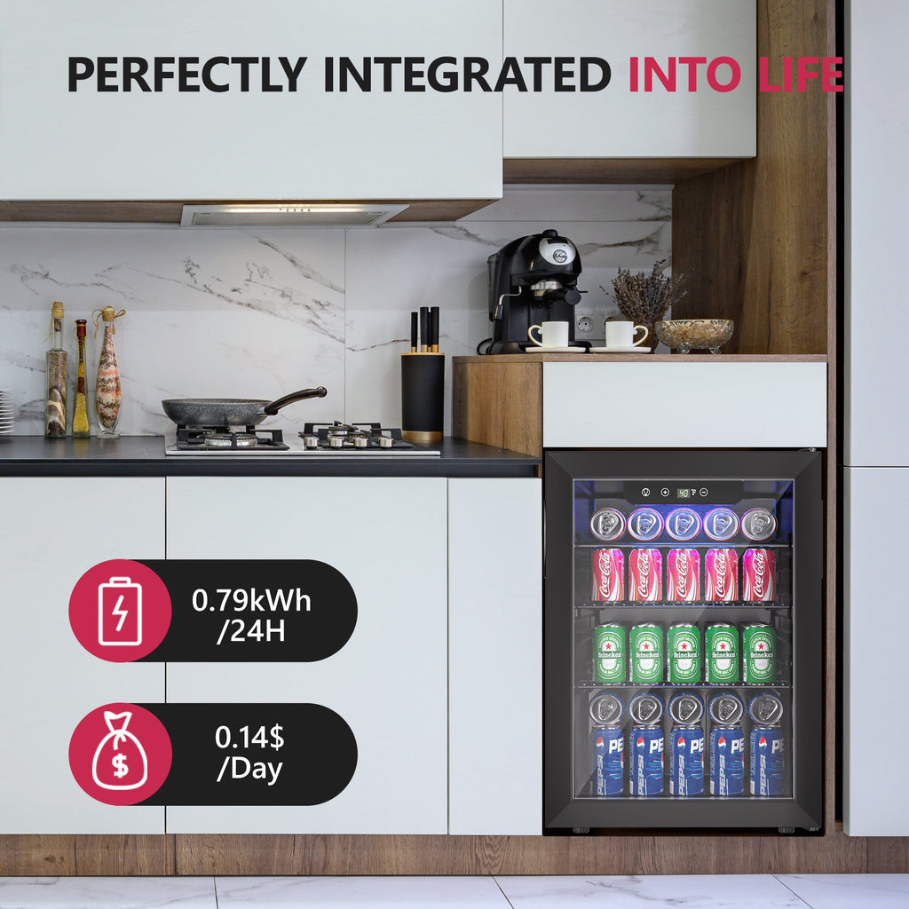 Simzlife 100 Can Beverage Refrigerator and Cooler with Glass Door for Home, 18.8 in D, 25 in H, Black