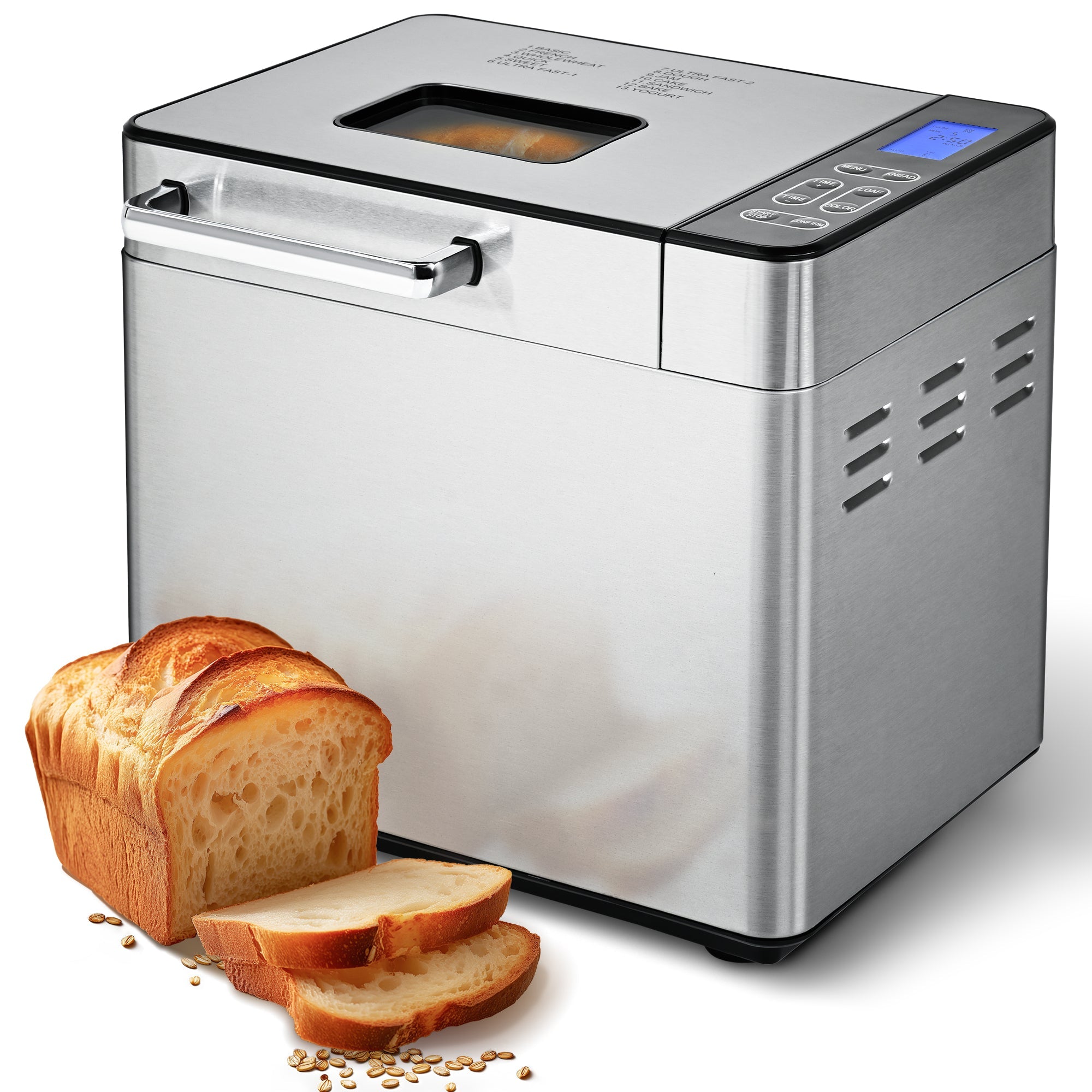 Simzlife 25-in-1 Bread Maker Machine, 2LB Capacity for Dough & Bread with Automatic Fruit and Nut Dispenser, Stainless Steel Construction