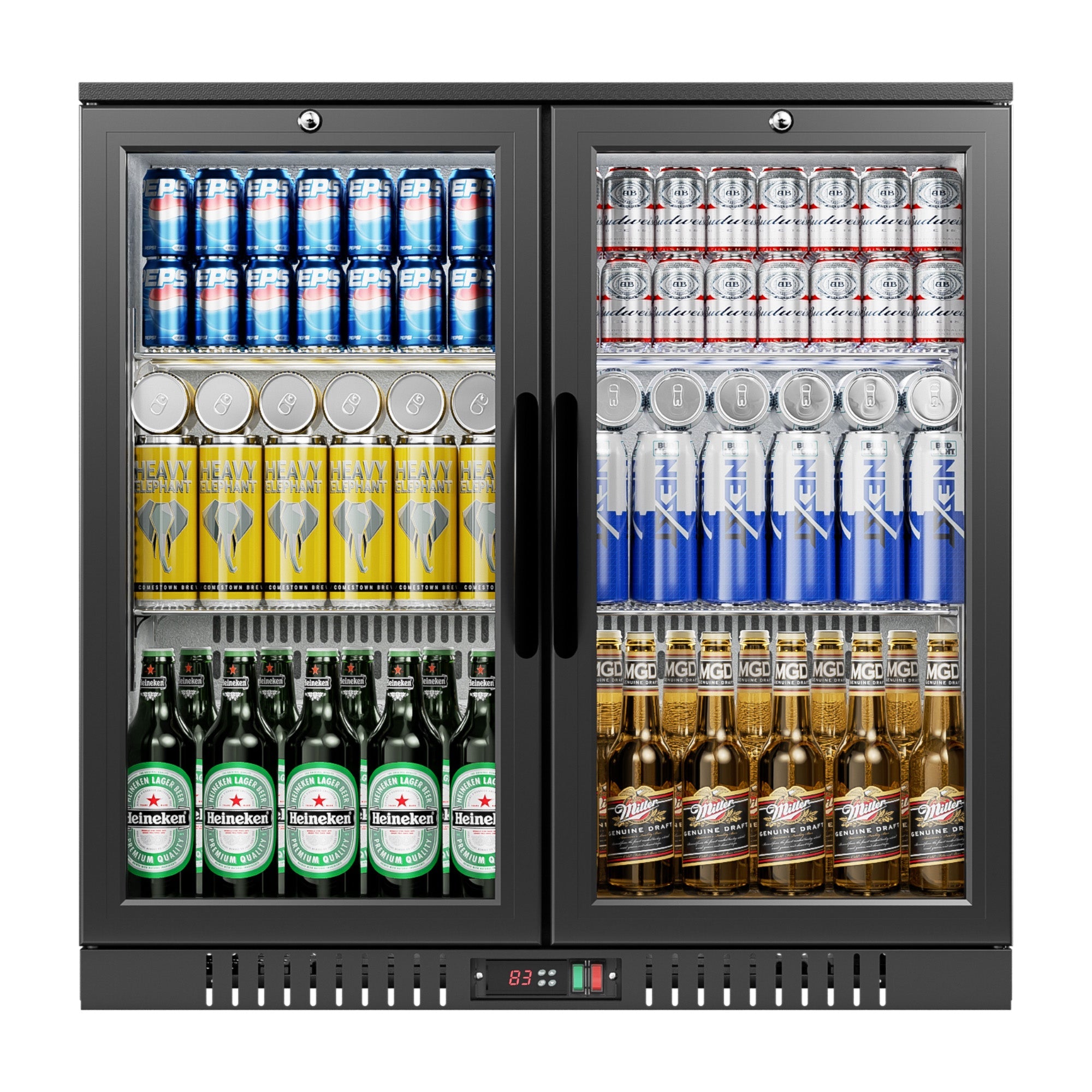 Simzlife Back Bar Cooler With 2 Glass Swing Doors, Under Counter Back Bar Refrigerator with LED Lighting, 7.4 Cu.Ft Counter Height Refrigerator for Beer, Soda Drinks, Wine, Black