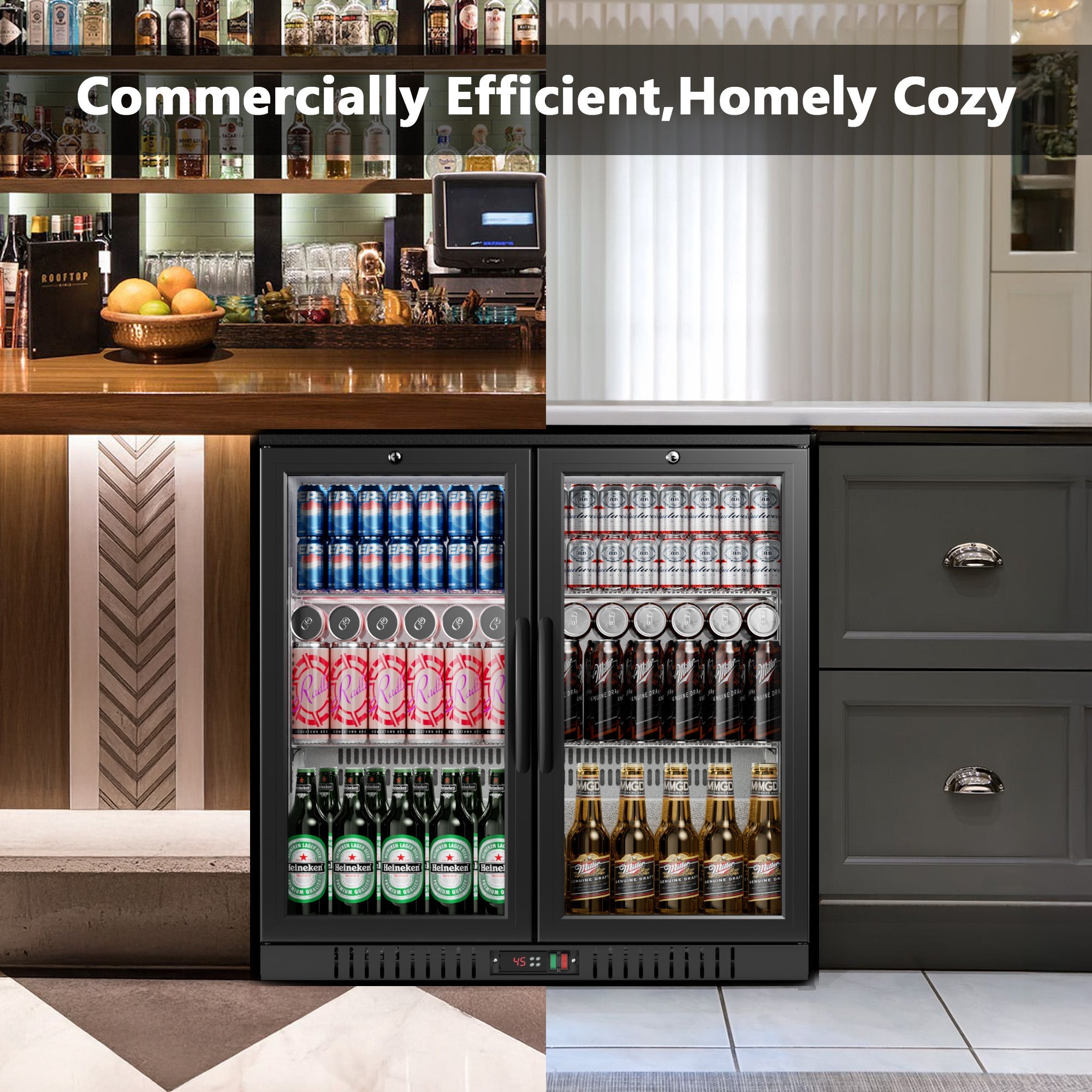 Simzlife Back Bar Cooler With 2 Glass Swing Doors, Under Counter Back Bar Refrigerator with LED Lighting, 7.4 Cu.Ft Counter Height Refrigerator for Beer, Soda Drinks, Wine, Black