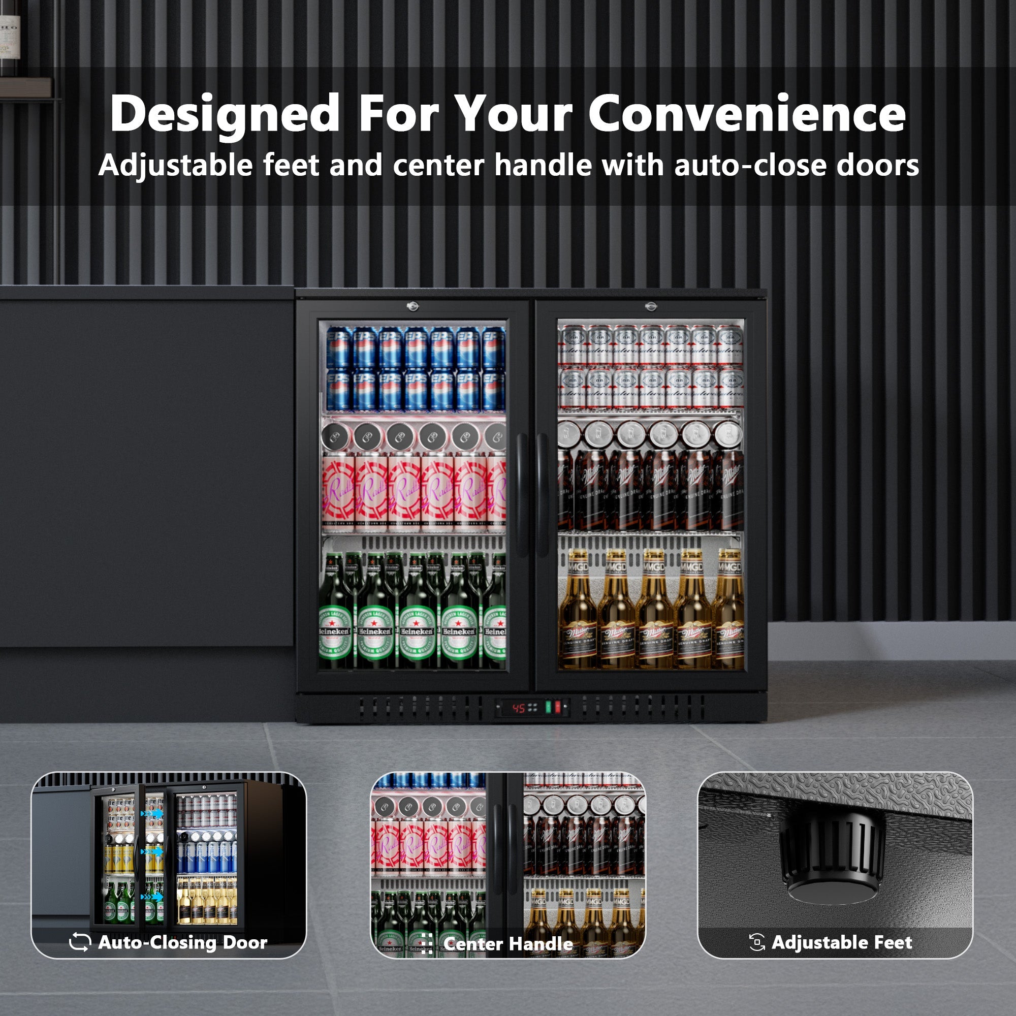 Simzlife Back Bar Cooler With 2 Glass Swing Doors, Under Counter Back Bar Refrigerator with LED Lighting, 7.4 Cu.Ft Counter Height Refrigerator for Beer, Soda Drinks, Wine, Black
