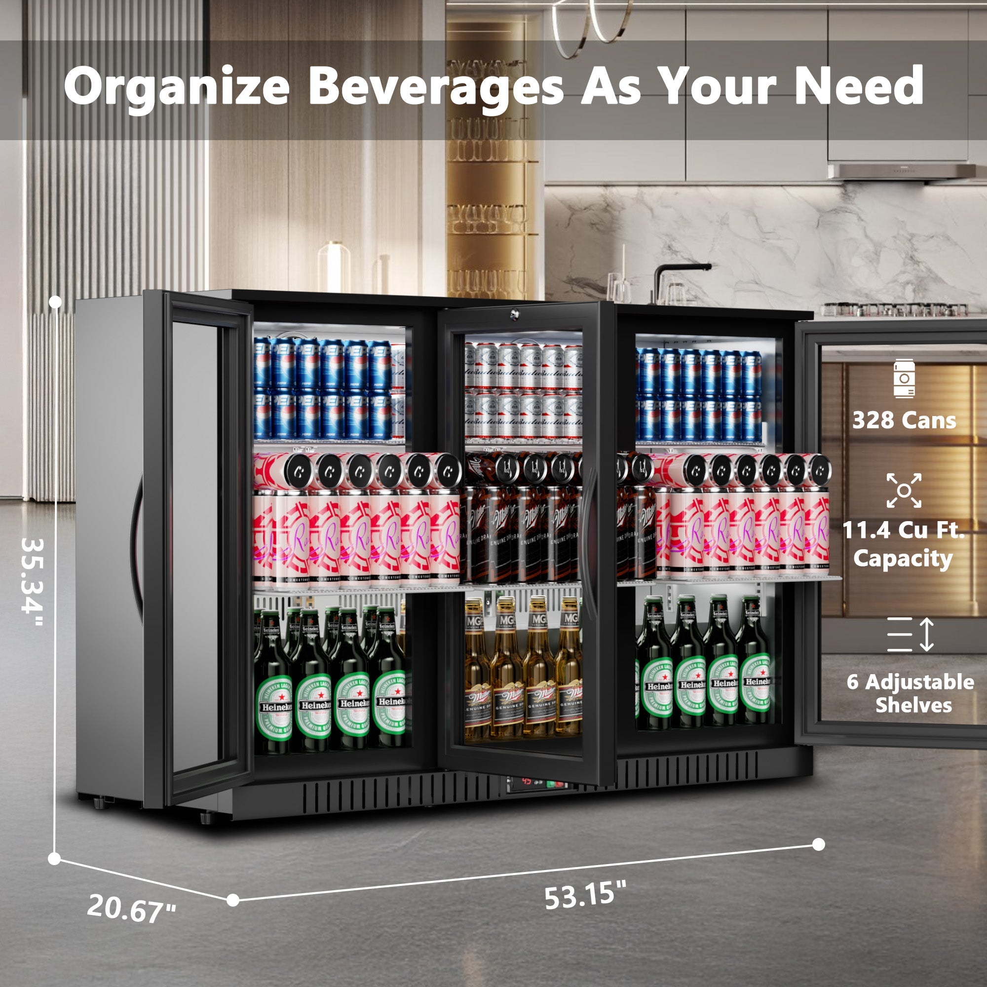 Simzlife 11.4 Cu.Ft Back Bar Cooler With 3 Glass Doors, 53" Counter Height Beverage Refrigerator with LED Lighting, Commercial Display Bar Fridge for Beer,Soda Drinks,Wine, Black