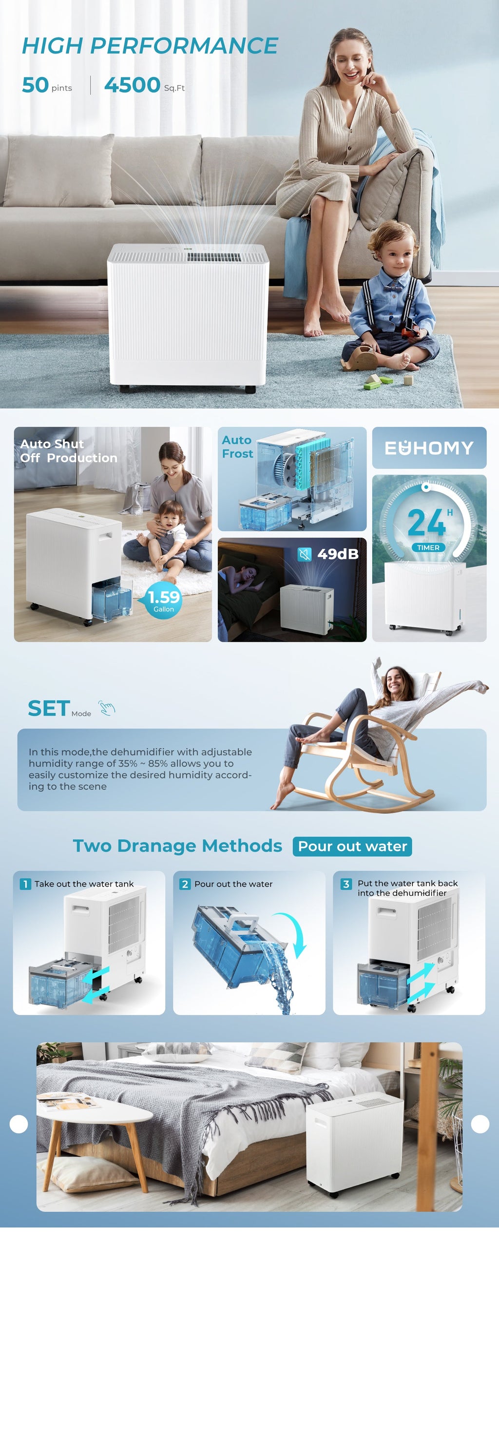 Simzlife 4500 Sq.Ft Energy Star Dehumidifier for Basement with Drain Hose,50 Pint to 110 Pint Large Dehumidifier with 1.59 Gallon Water Tank and Auto Shut-off and 4 Operation Modes for Home