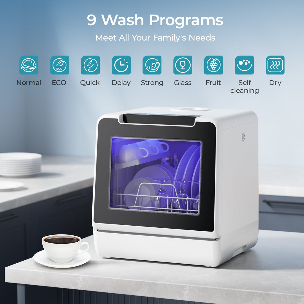 Simzlife Portable Countertop Dishwasher with 8 Programs, 5L Built-in Water Tank, Compact Dishwasher with 360°Dual Spray, Self Clean
