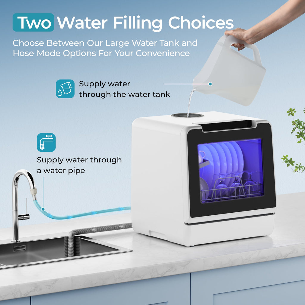 Simzlife Portable Countertop Dishwasher with 8 Programs, 5L Built-in Water Tank, Compact Dishwasher with 360°Dual Spray, Self Clean