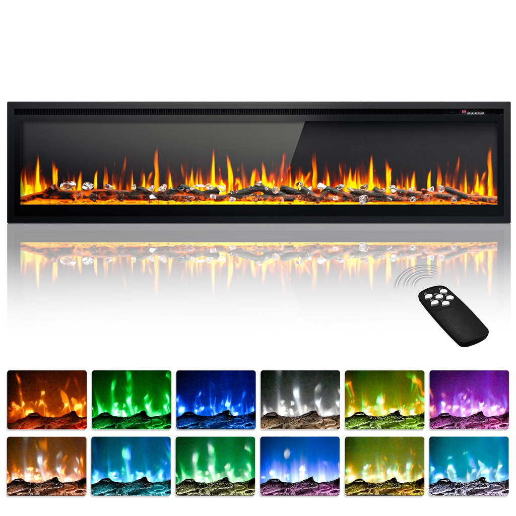 Simzlife 72 inch Electric Fireplace Recessed Wall Mounted Freestanding with Remote Control, Ultra-thin Fireplace Heater with Adjustable Flame Color, Linear Fireplace with Timer, Log & Crystal, 750/1500W