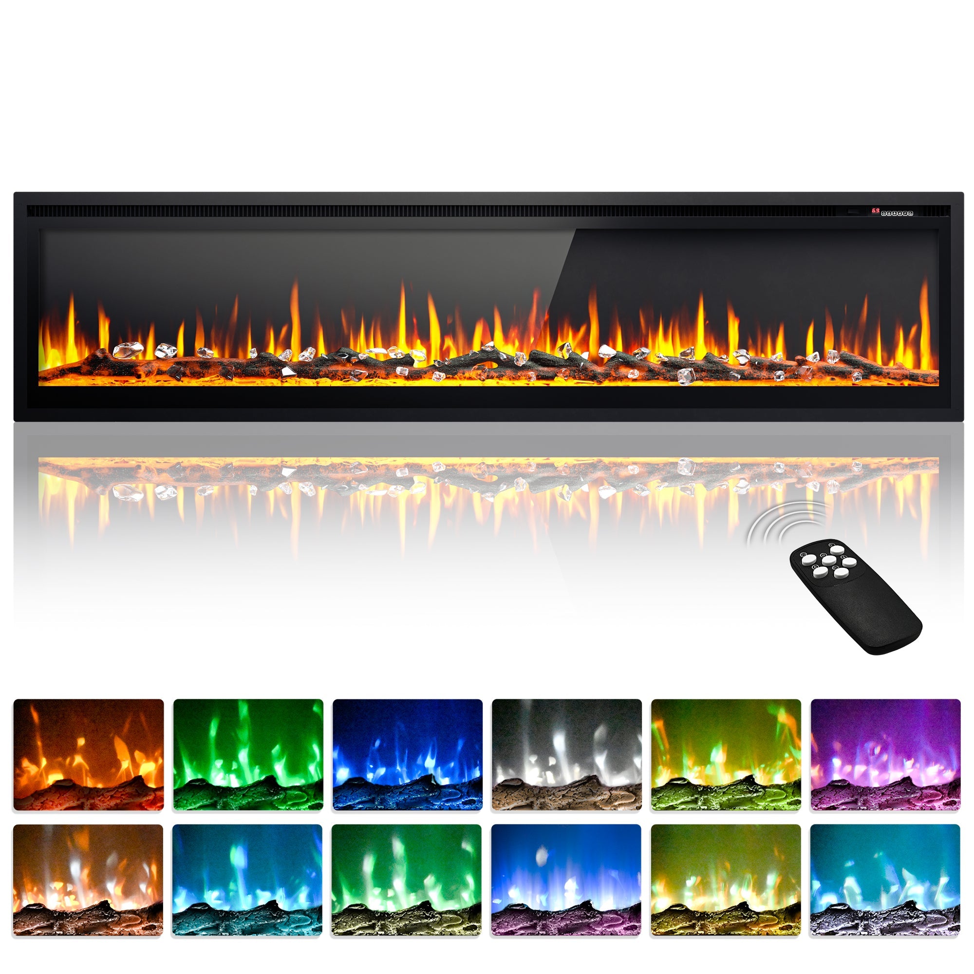 Simzlife 72 inch Electric Fireplace Recessed Wall Mounted Freestanding with Remote Control, Ultra-thin Fireplace Heater with Adjustable Flame Color, Linear Fireplace with Timer, Log & Crystal, 750/1500W