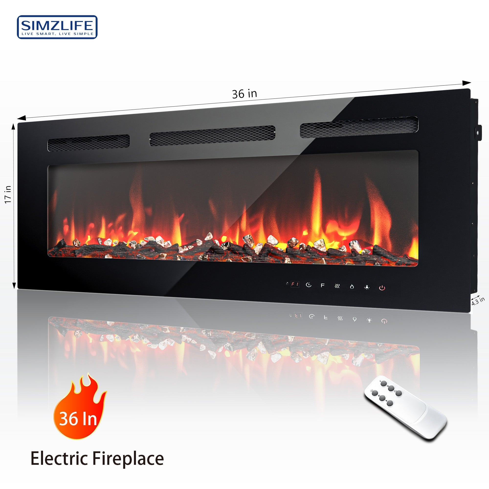Simzlife 36 Inch Electric Fireplace Wall Recessed and Wall Mounted with Adjustable Flame Color, Fireplace Heater with Remote Control, Linear Fireplace with Timer, Touch Screen, Log & Crystal, 750/1500W