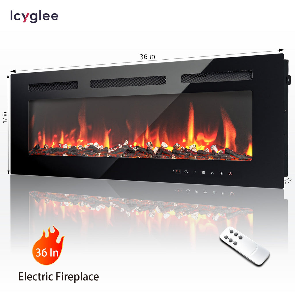 Simzlife 36 Inch Electric Fireplace Wall Recessed and Wall Mounted with Adjustable Flame Color, Fireplace Heater with Remote Control, Linear Fireplace with Timer, Touch Screen, Log & Crystal, 750/1500W