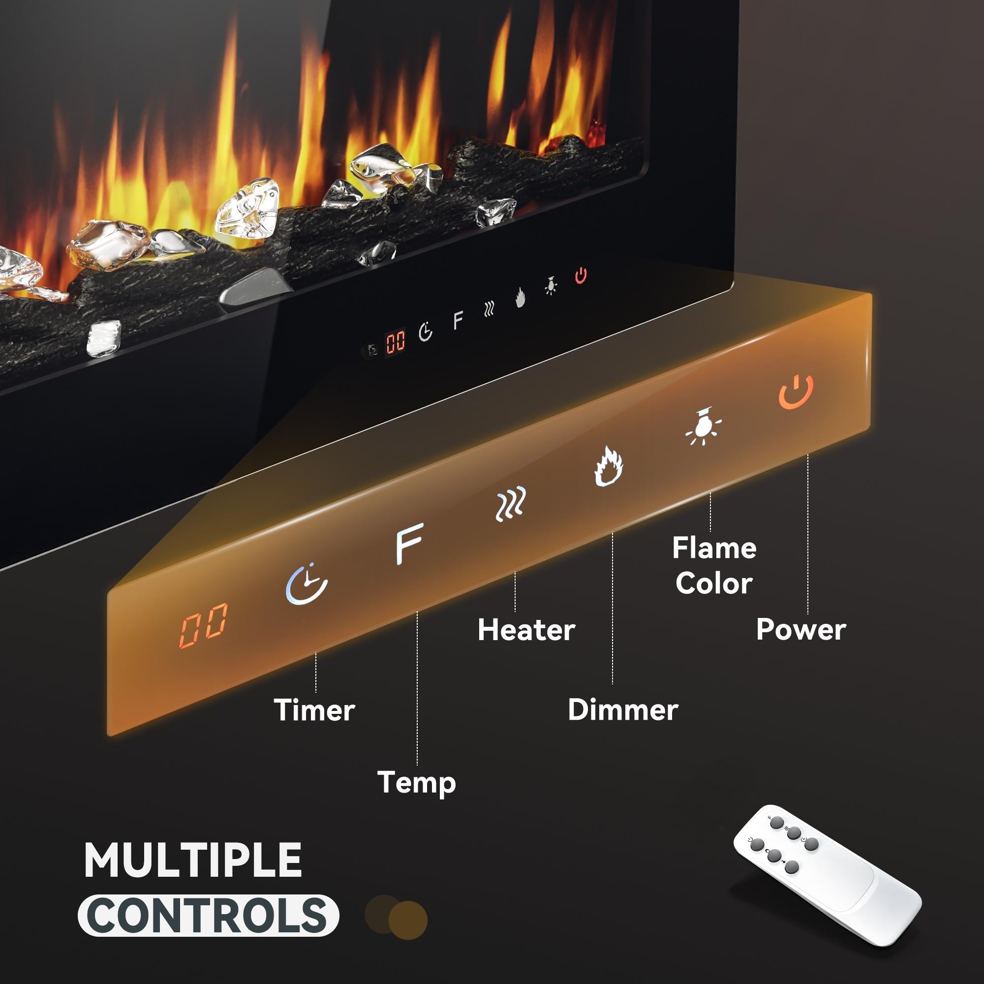 Simzlife 60 inch Electric Fireplace Recessed Wall Mounted Freestanding with Remote Control, Ultra-thin Fireplace Heater with Adjustable Flame Color, Linear Fireplace with Timer, Log & Crystal, 750/1500W